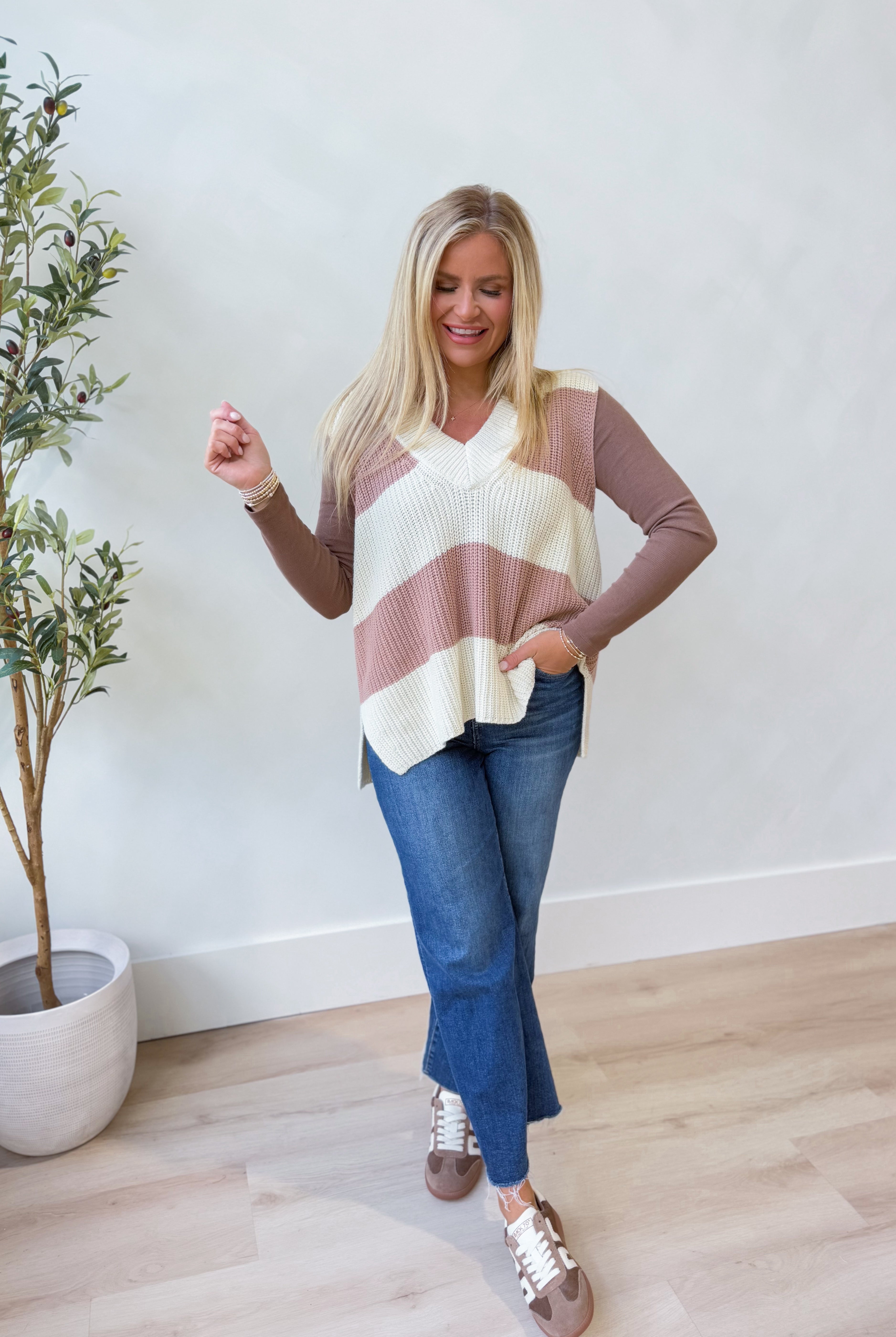 Caroline Striped Sleeveless Sweater Top - Be You Boutique