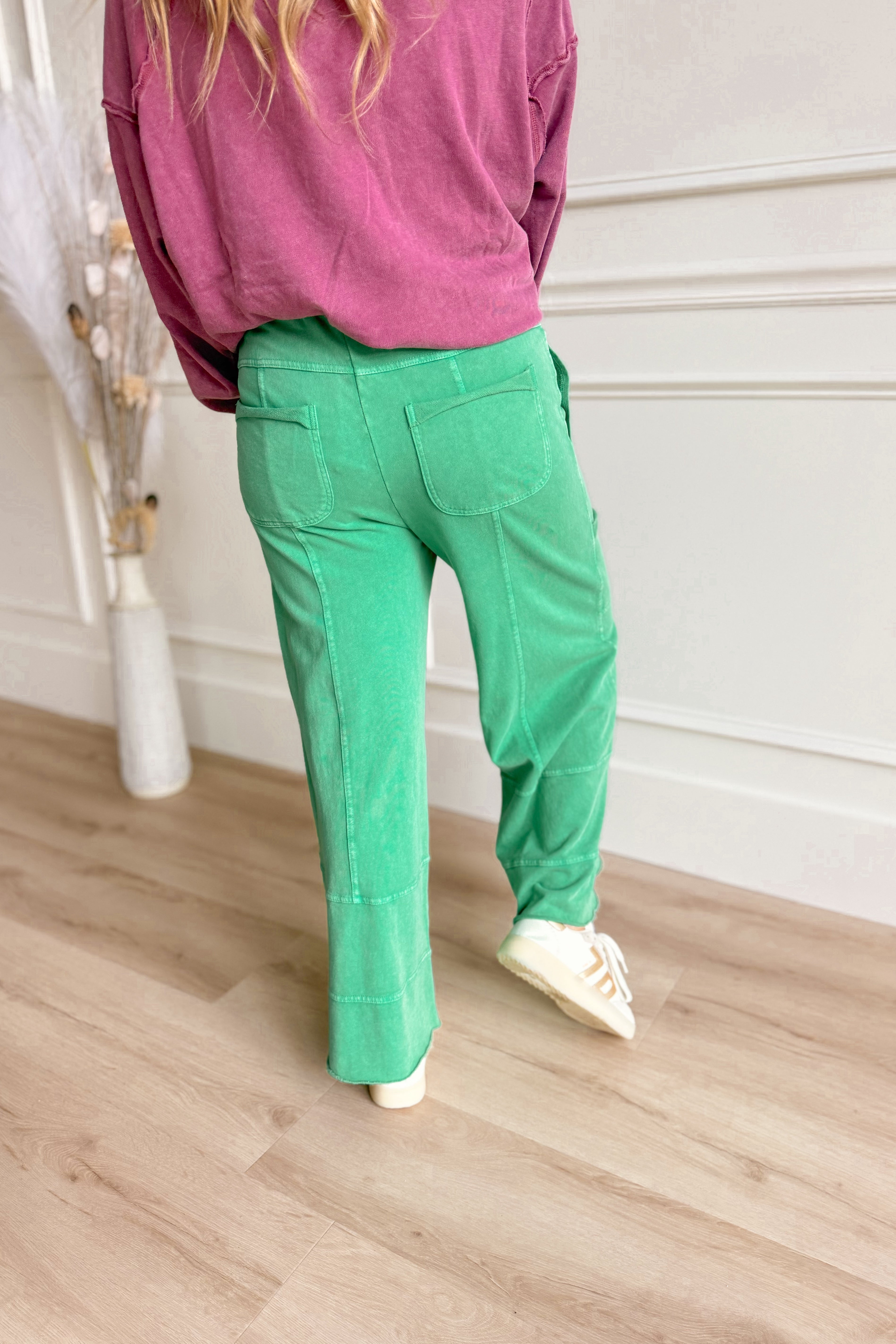 EASEL Bradley mineral washed terry knit wide leg pants in neutral color, available in sizes S to 3X, relaxed fit and comfortable.