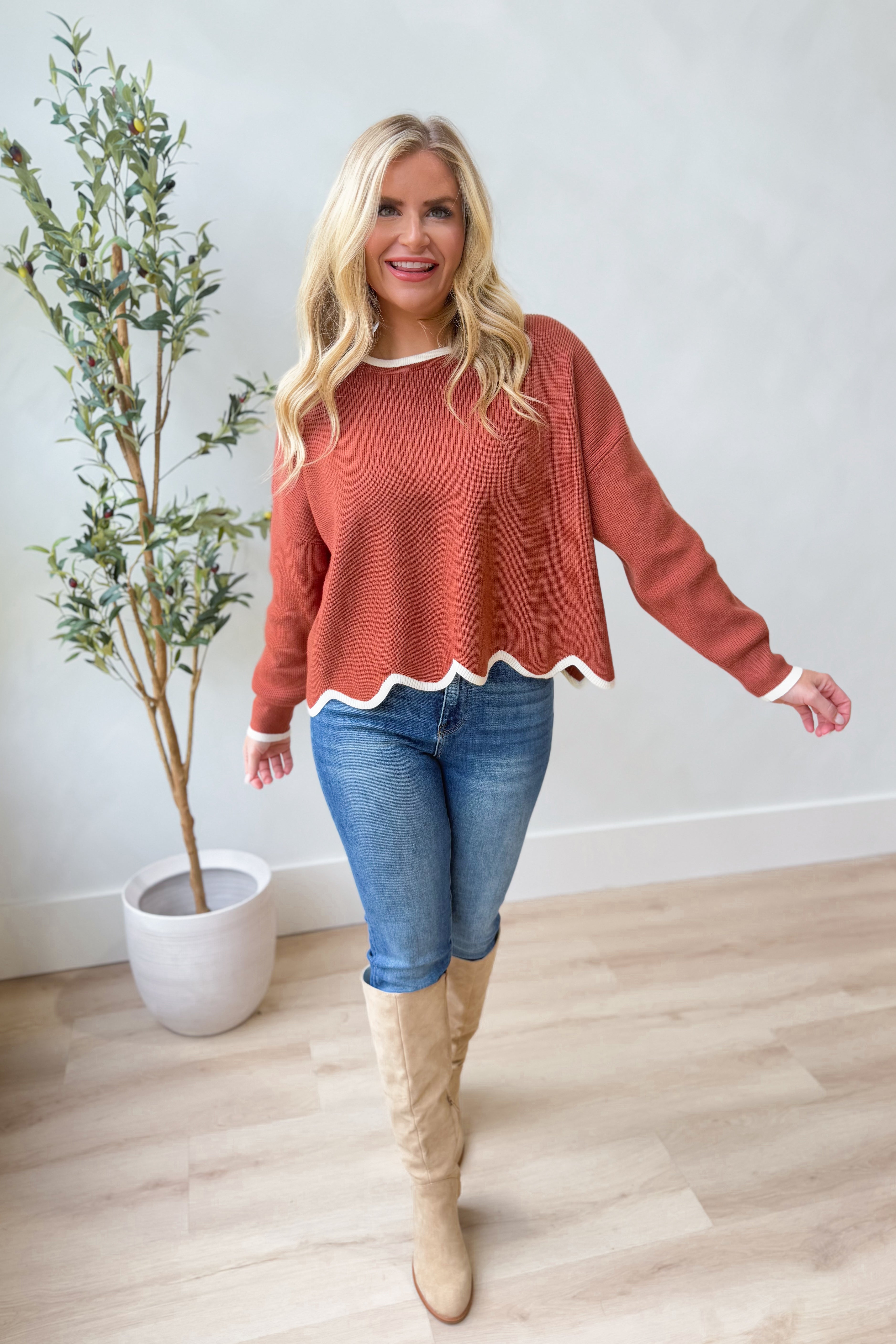 Gracie Long Sleeve Scallop Hem Sweater - Be You Boutique
