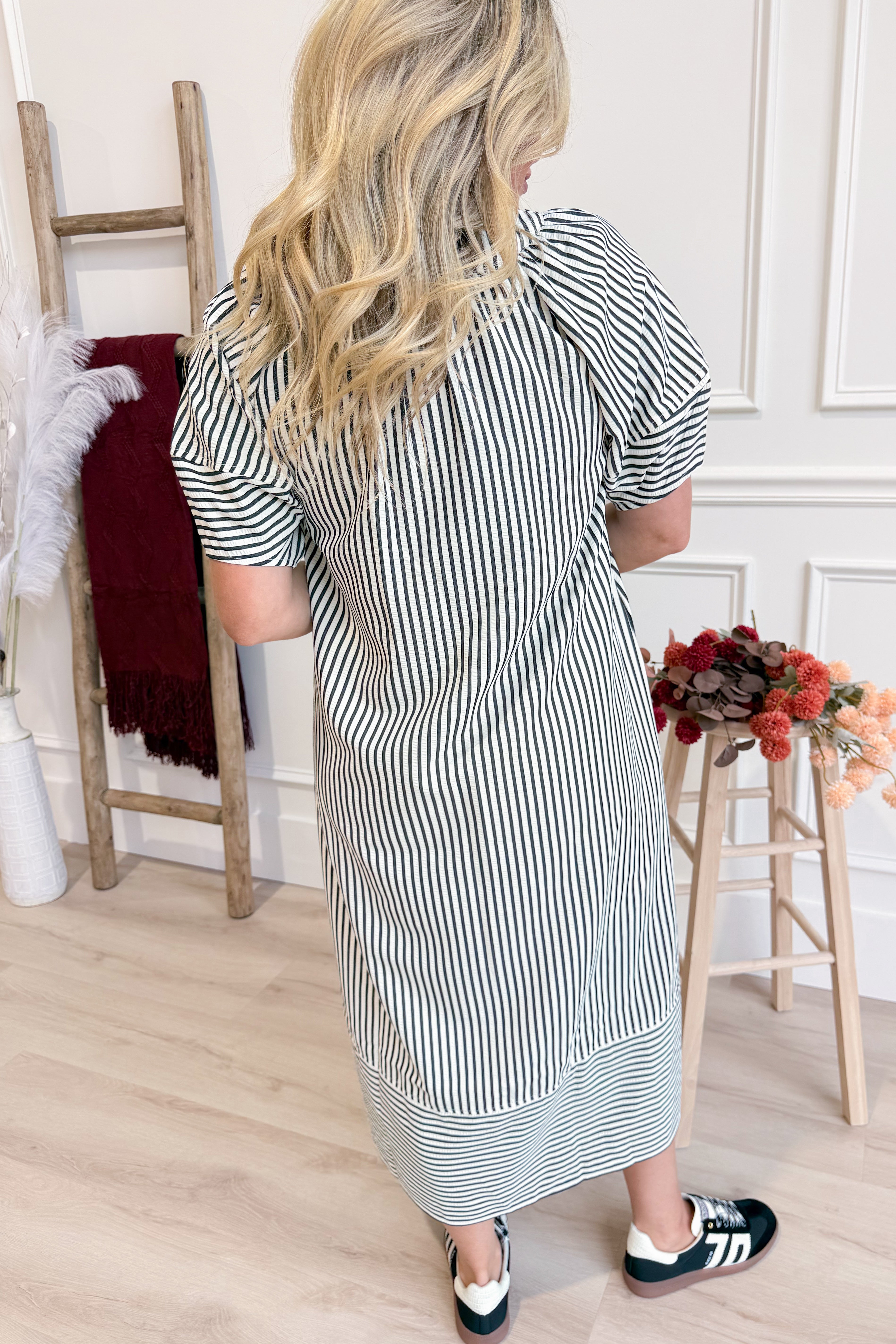 Karen Striped Split Neck Midi Dress - Be You Boutique