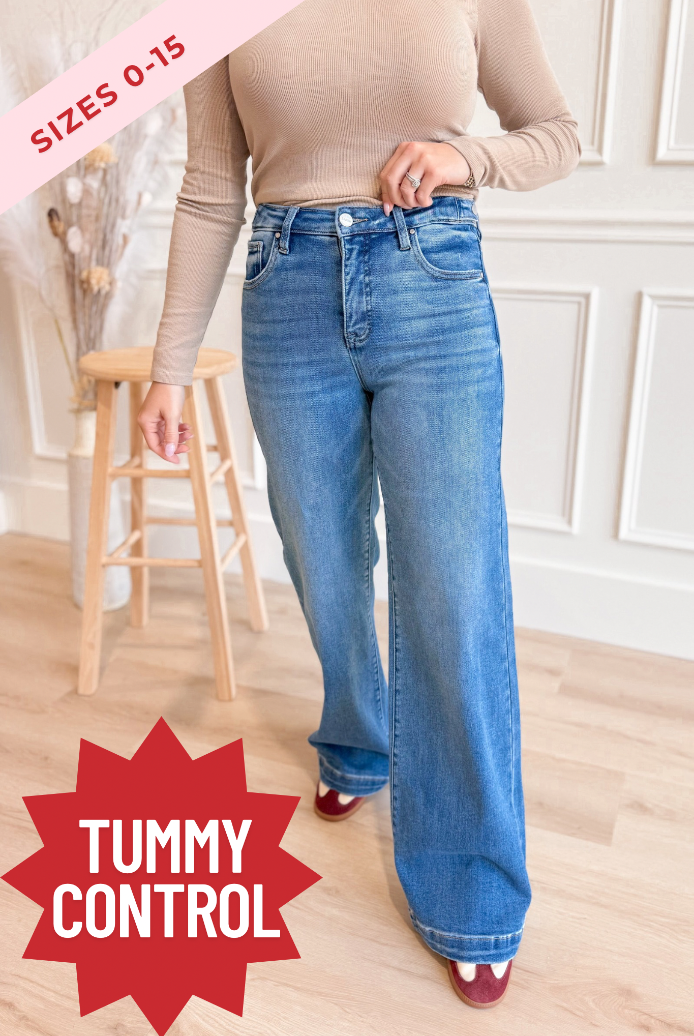 RISEN Oscar high-rise tummy control wide adjustable jean from 146 Core Jeans, with classic denim wash and secure fit.