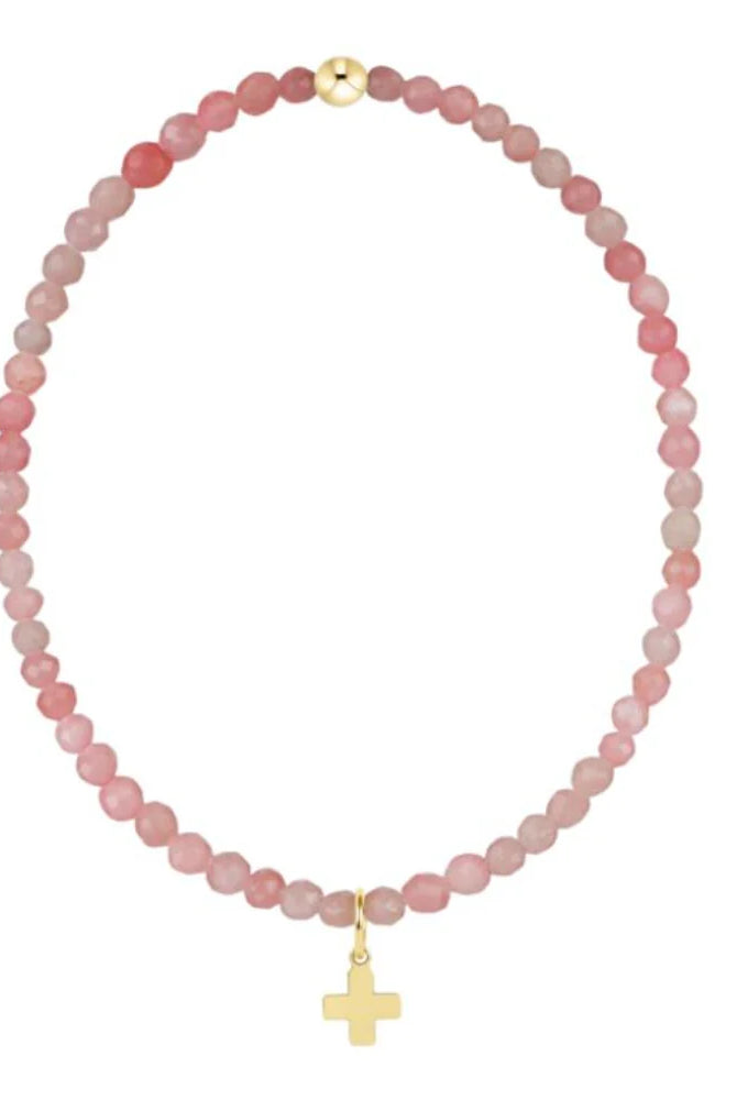 Enewton pink opal signature cross gold charm bracelet with 3mm beads, stylish jewelry piece on a neutral background.
