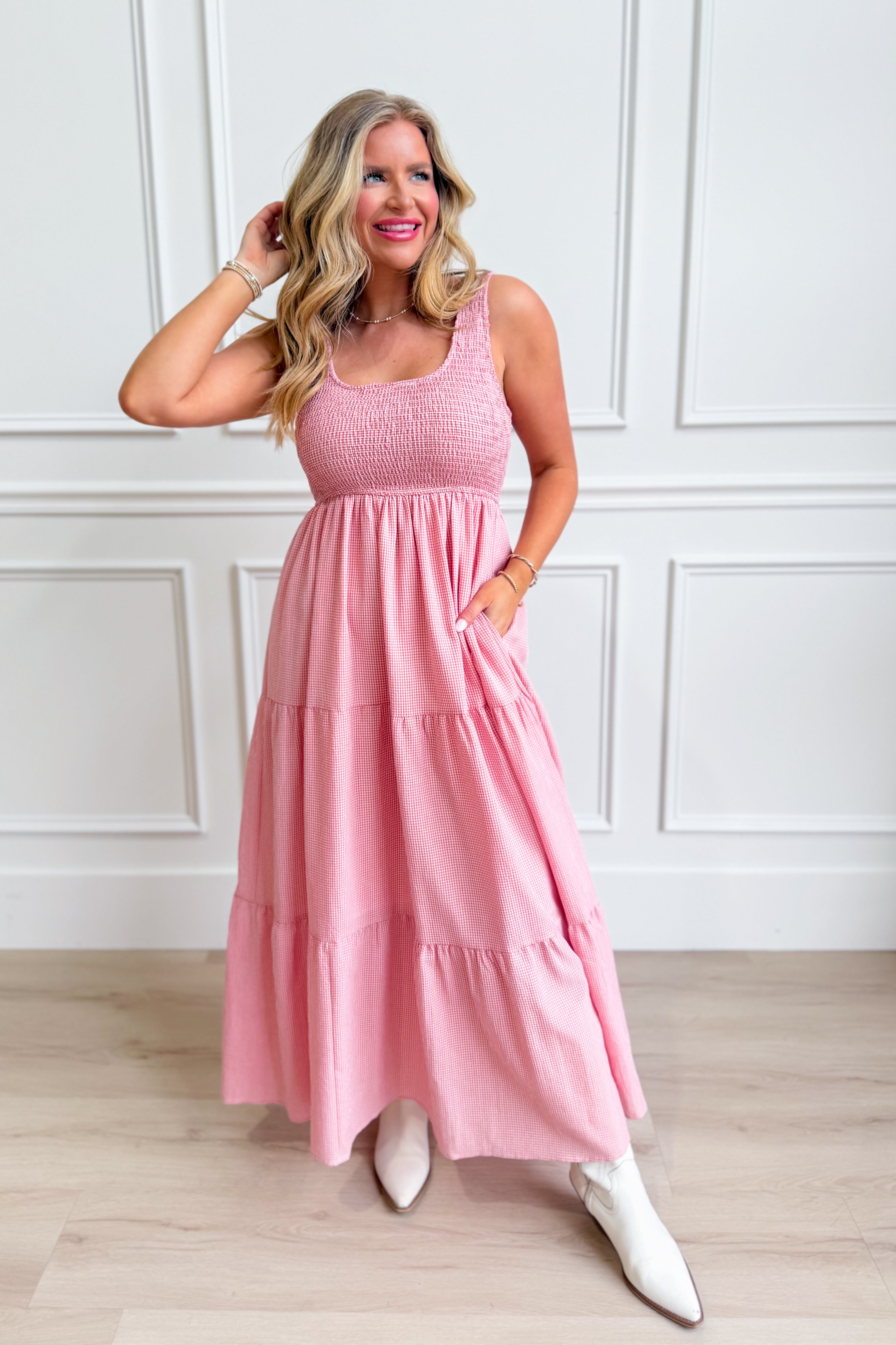 Pink gingham midi dress by BAEVELY, featuring a stylish, dressy design with a flowy silhouette and feminine details.