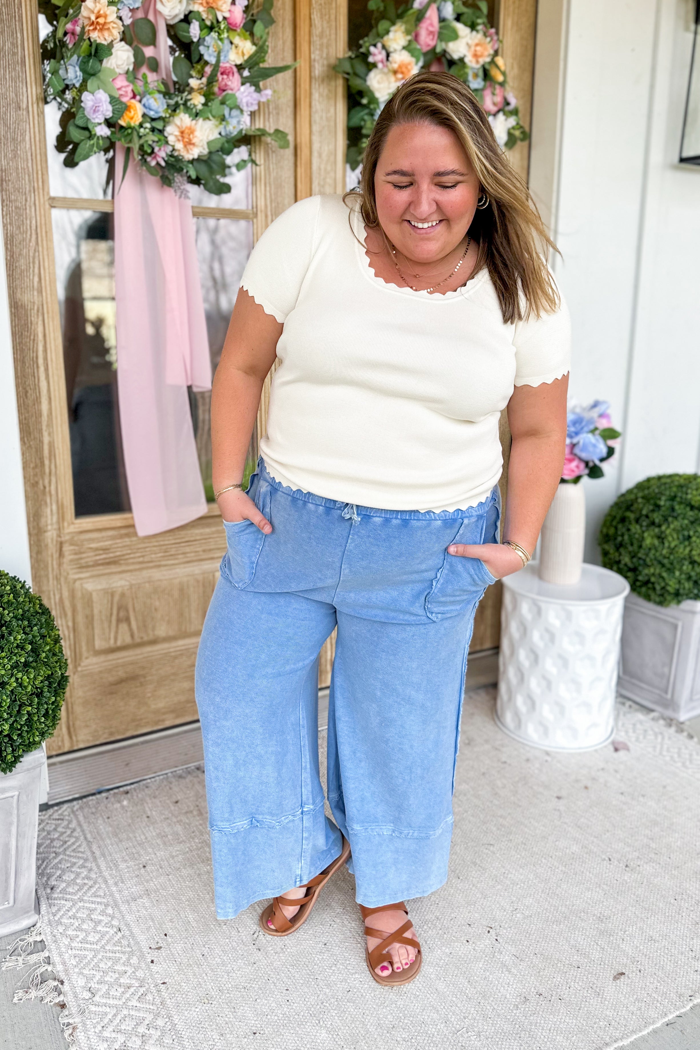 Caris Mineral Washed Upside Down Terry Knit Wide Leg Palazzo Pants - Be You Boutique