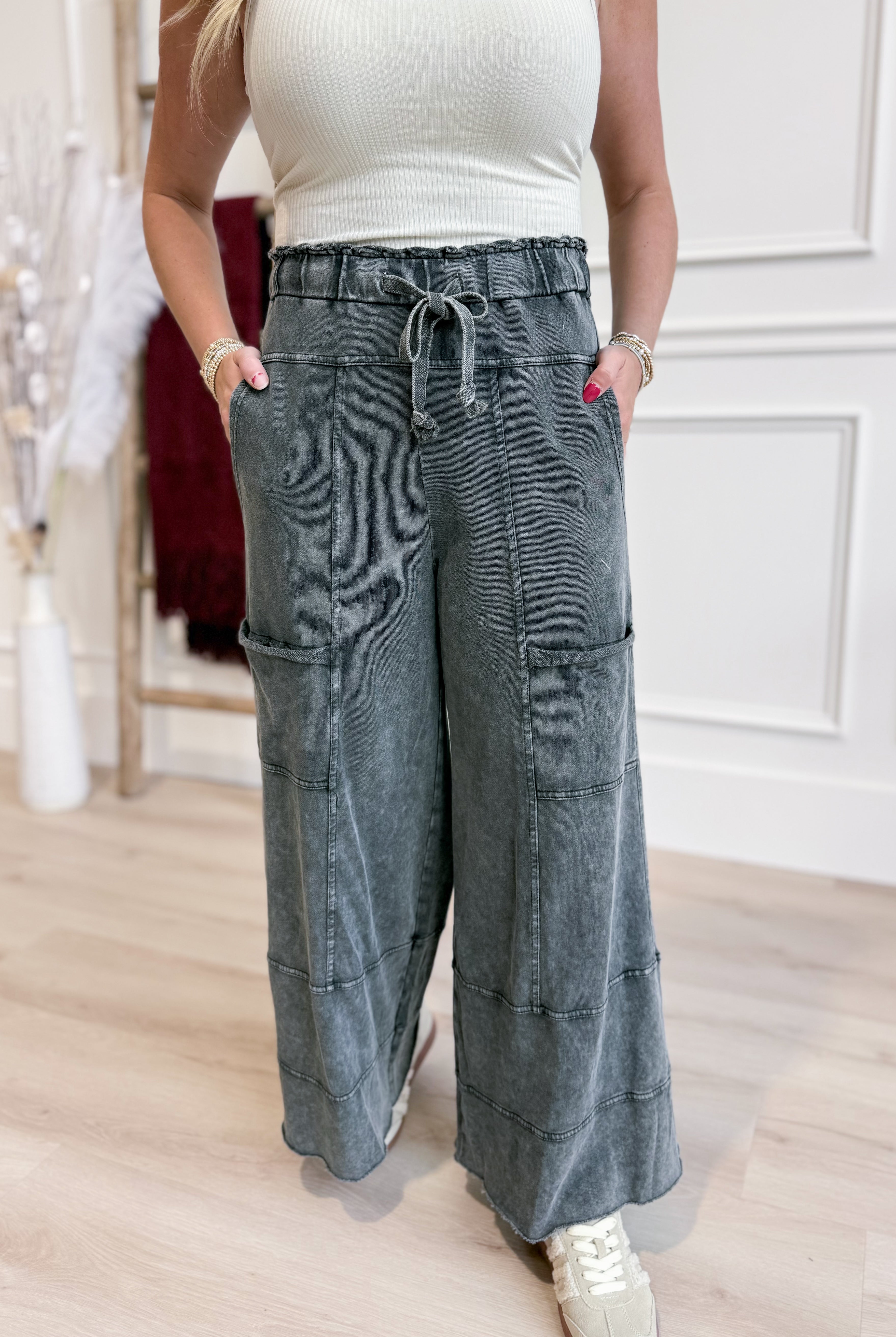 EASEL Bradley Mineral Washed Terry Knit Wide Leg Pants, 156 Pants in soft, textured fabric with a relaxed wide-leg fit.