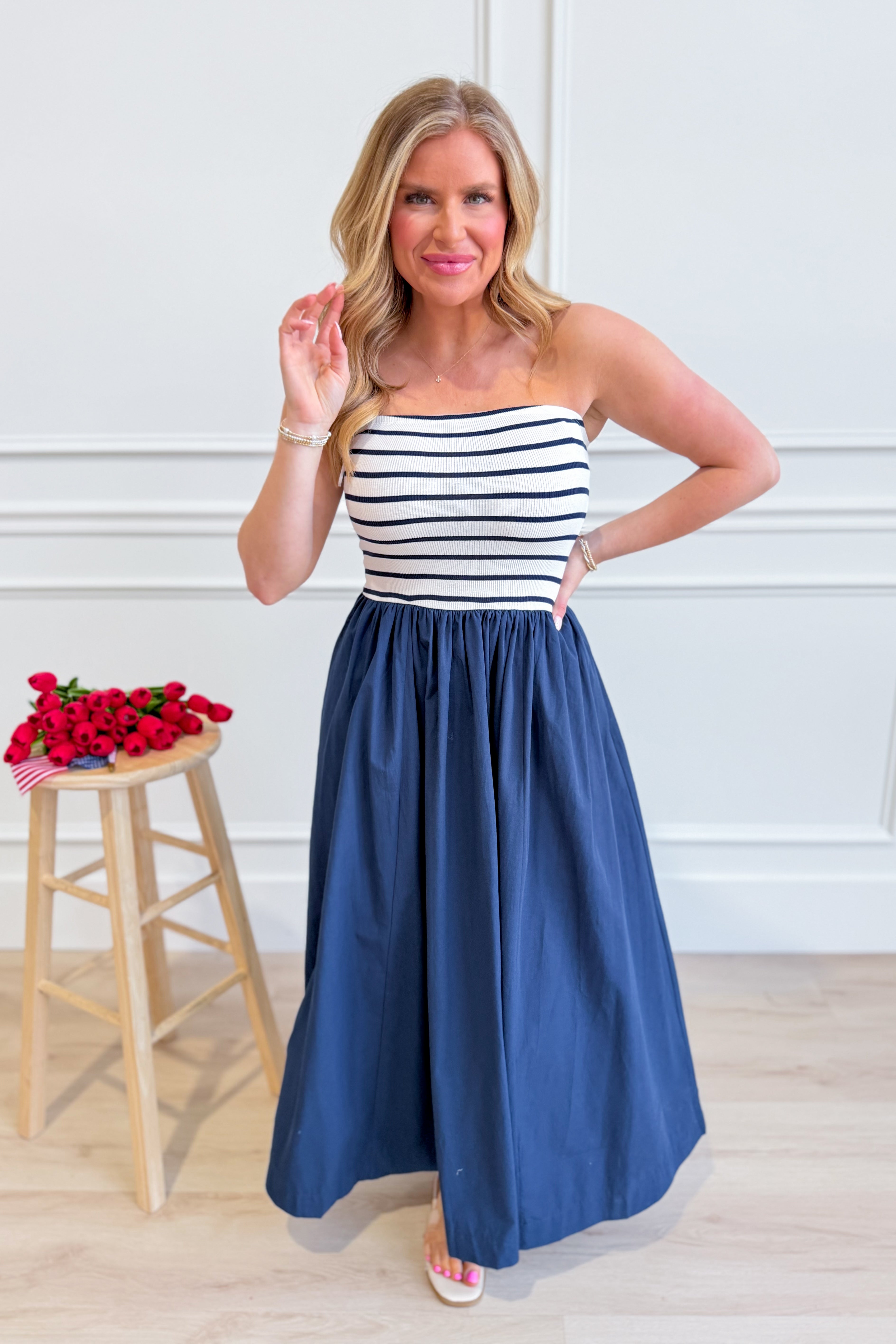HYFVE Moana striped strapless midi dress with a casual, relaxed fit, featuring bold horizontal stripes and a fitted bodice.