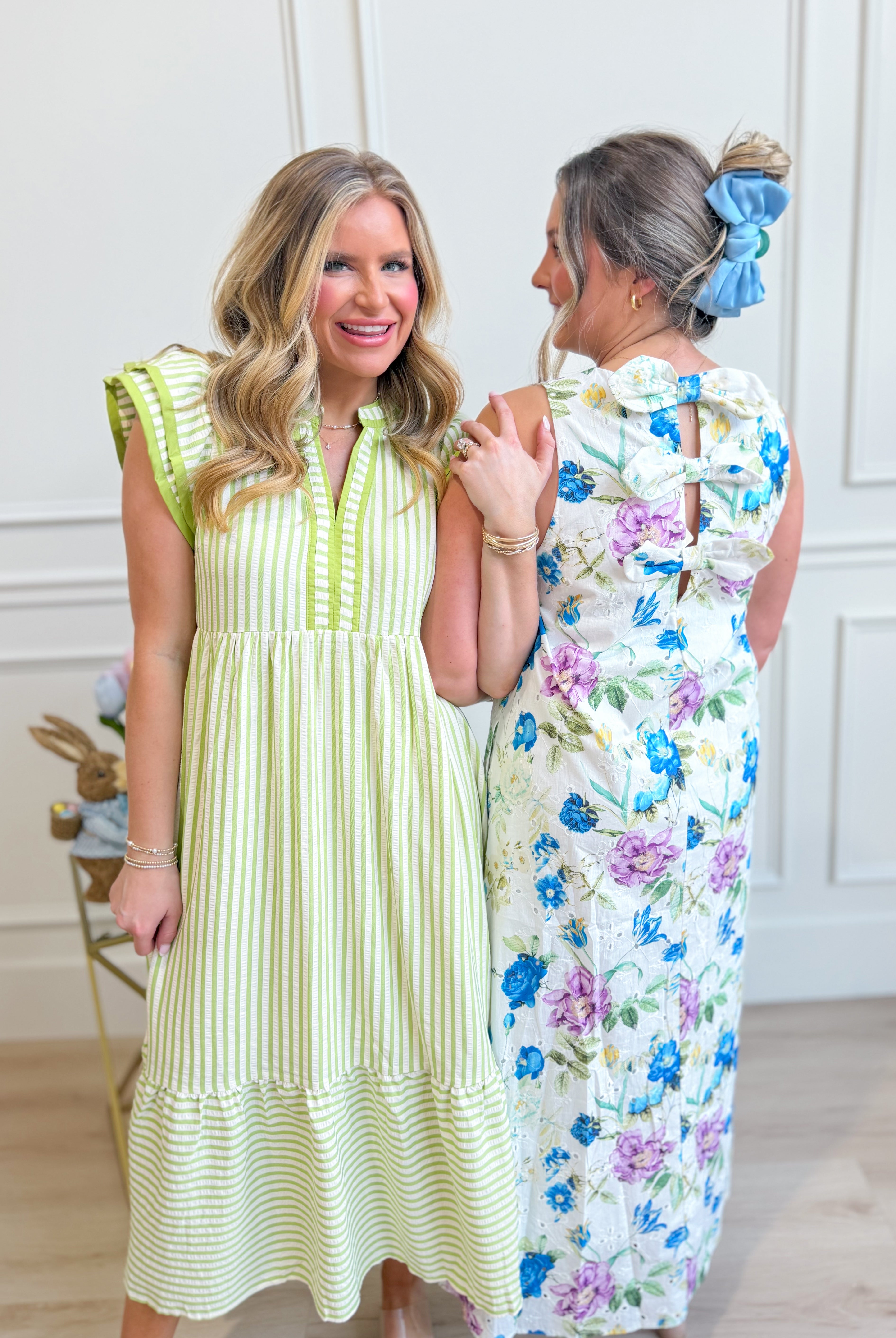 ENTRO Zoe blue botanical floral midi dress with a flowy silhouette and vibrant floral pattern, perfect for dressy occasions.
