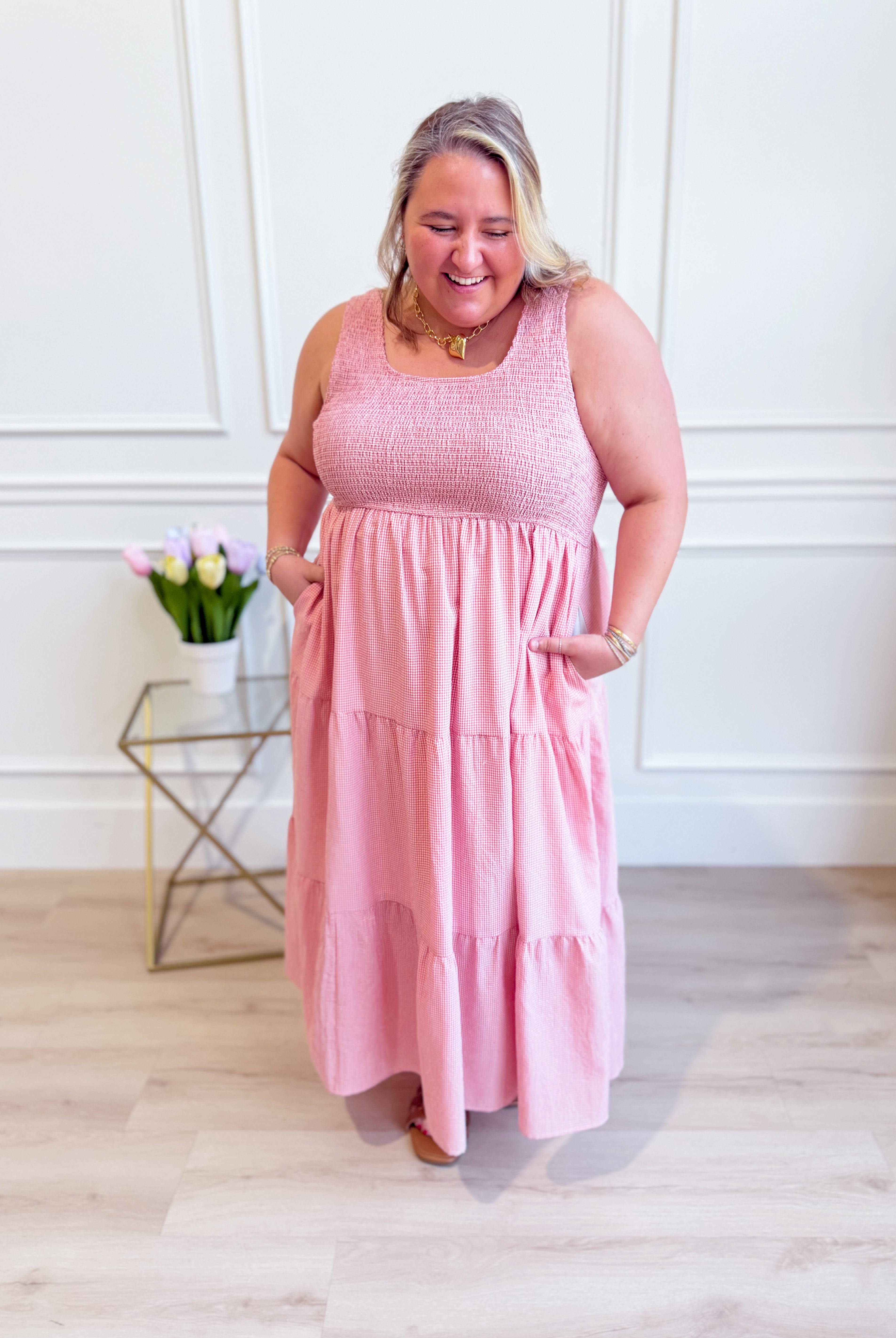 Painter Pink Gingham Midi Dress by BAEVELY featuring a classic pink and white checkered pattern, midi length, and elegant fit