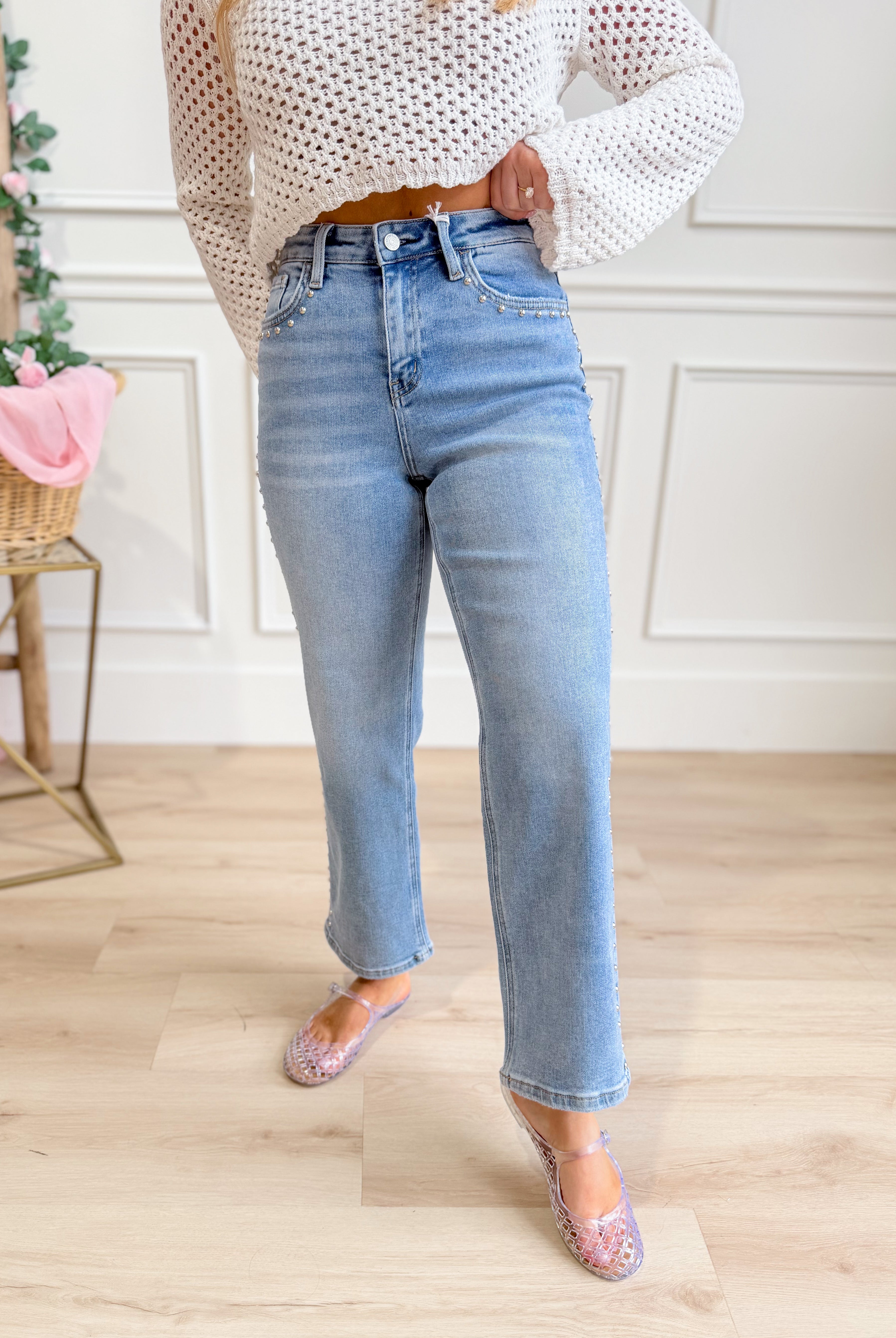 Vervet Honorable high-rise ankle slim jeans with nail head details, showcasing dark wash denim and slim fit cut.