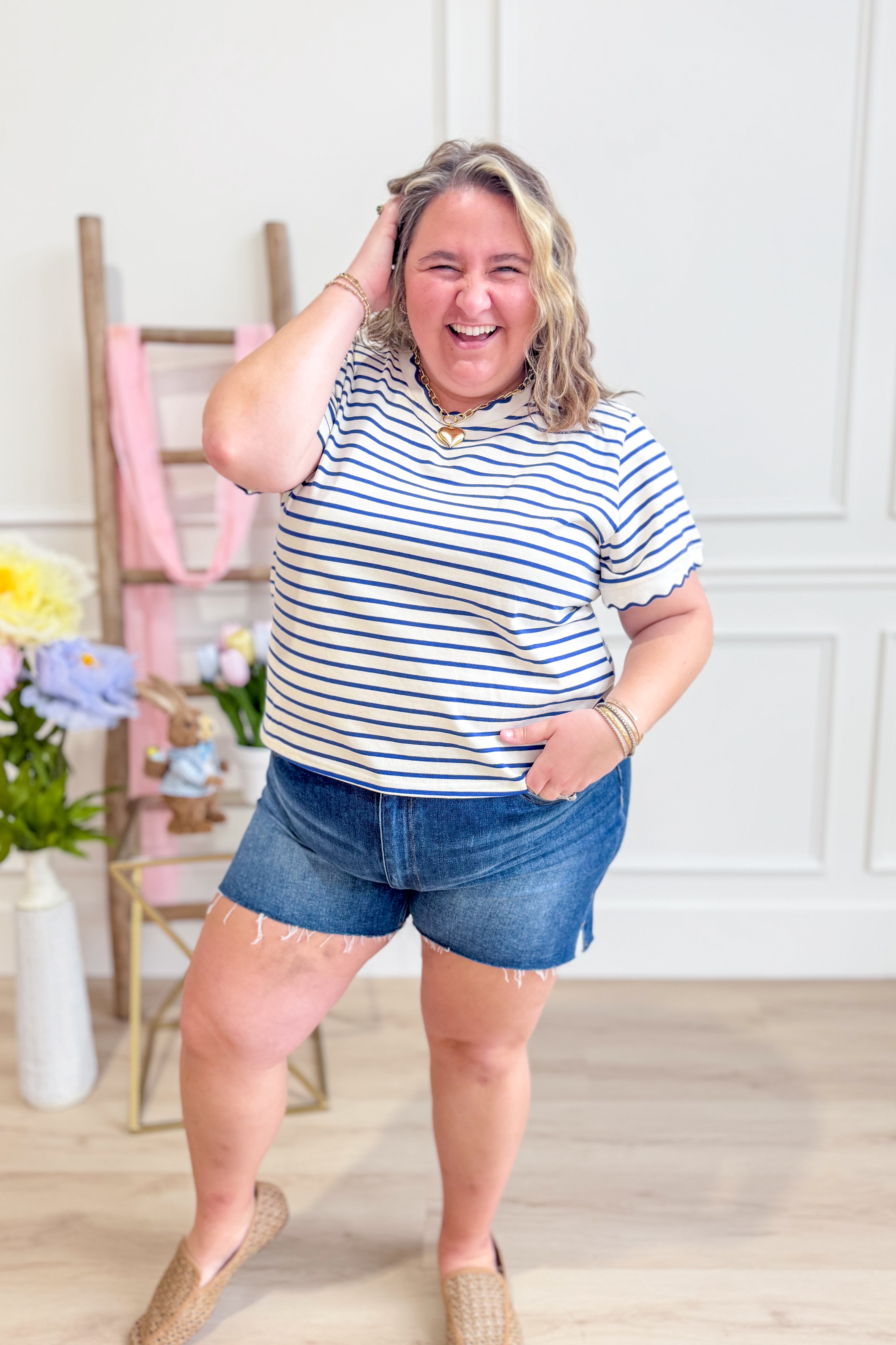 Laura Striped Scallop Trim Top - Be You Boutique