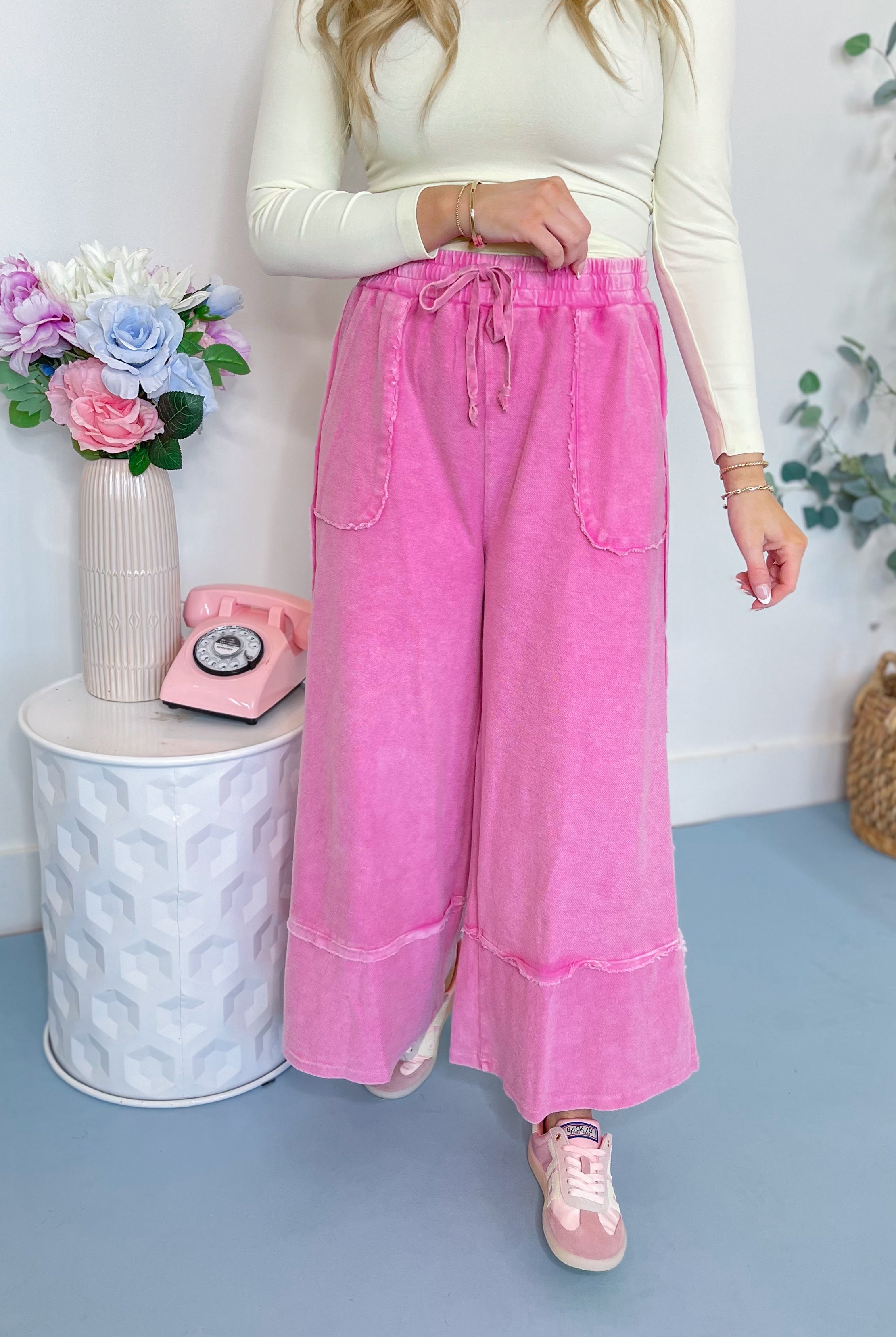 Caris Mineral Washed Upside Down Terry Knit Wide Leg Palazzo Pants - Be You Boutique