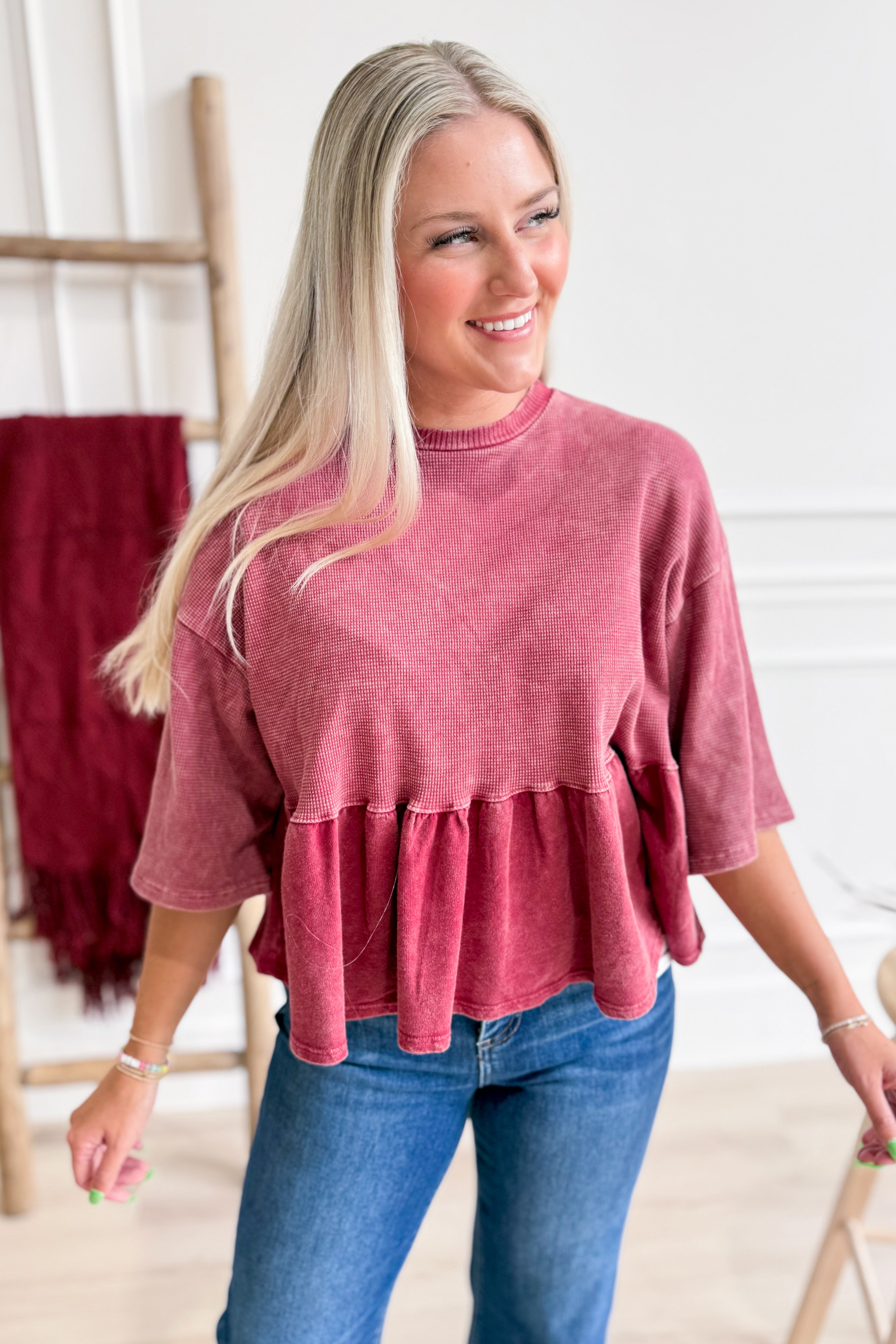 Mia Half Sleeve Mineral Washed Peplum Top - Be You Boutique