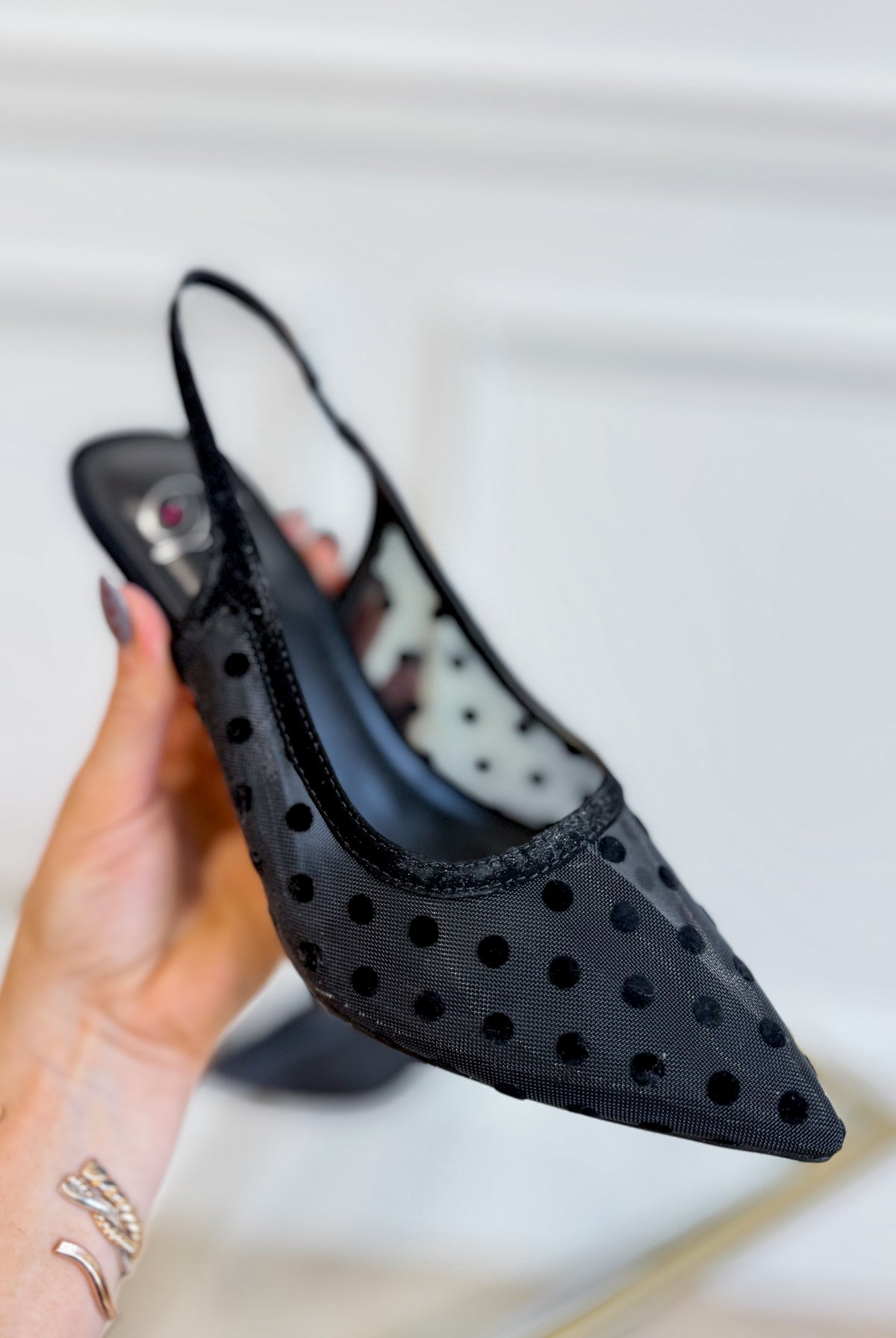 FORTUNE DYNAMIC Next Polka Dot Kitten Heel shoe featuring a classic polka dot pattern and elegant kitten heel design.
