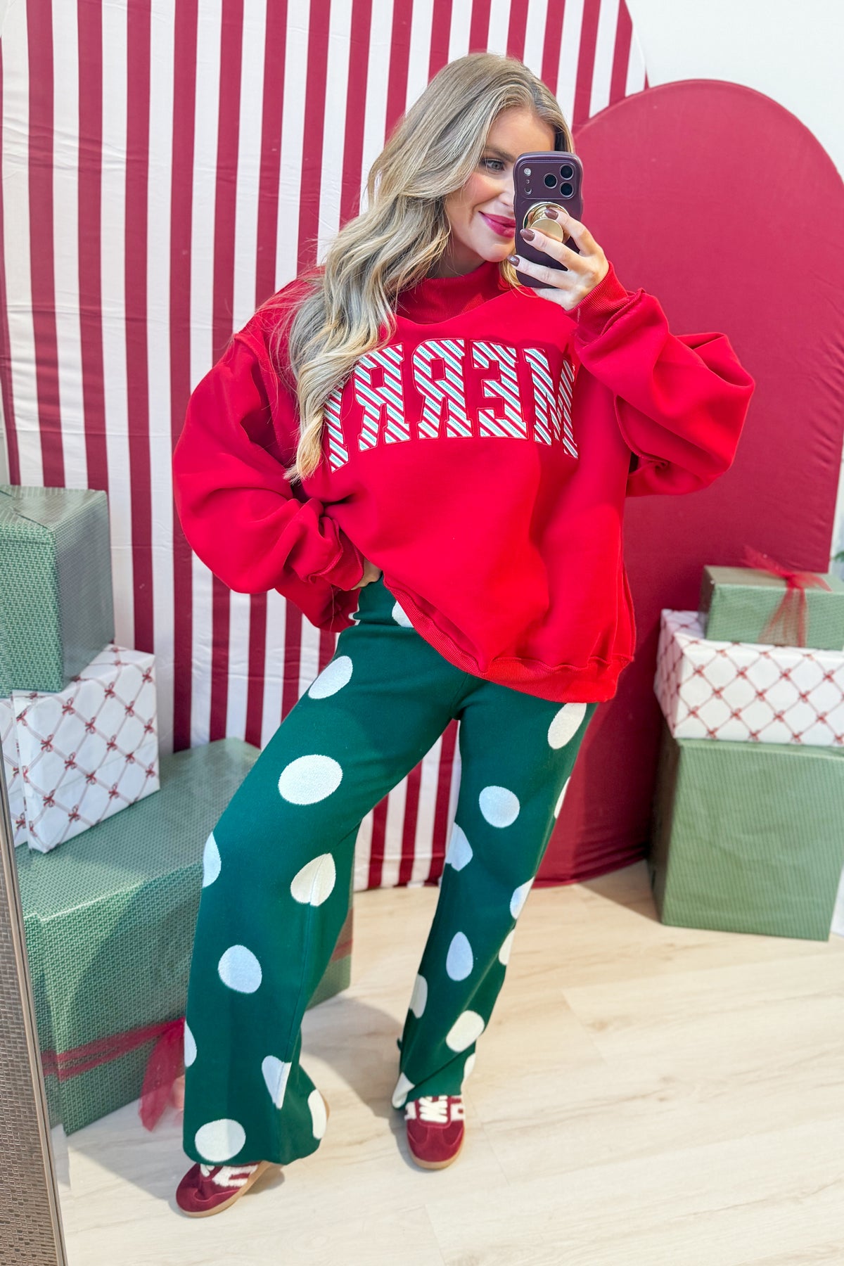 BUCKET LIST Merry striped pattern mock neck graphic sweatshirt in festive multicolor design