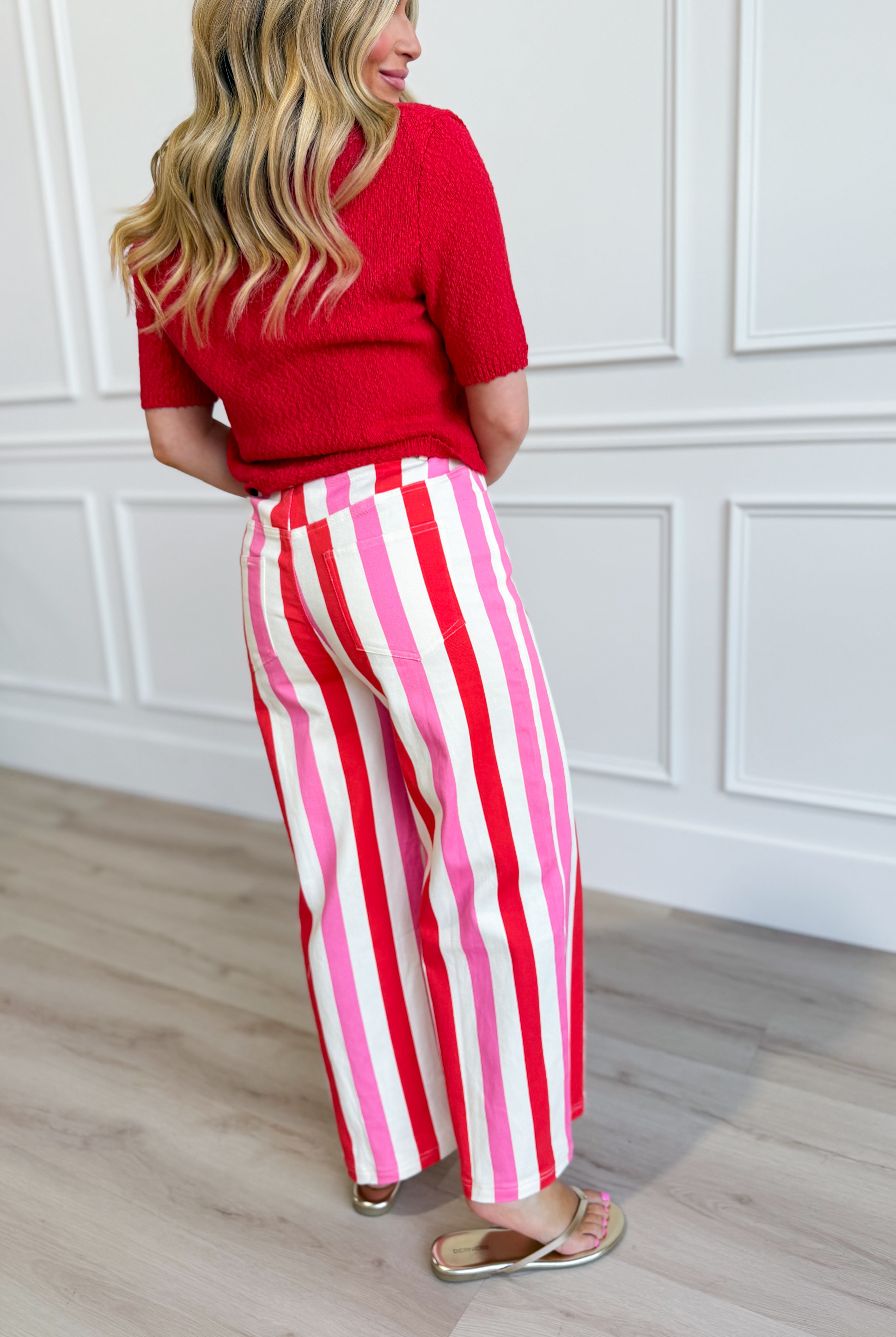ENTRO Posie Pink Striped Straight Leg Jeans with vibrant pink and white stripes, featuring a classic fit and casual style.