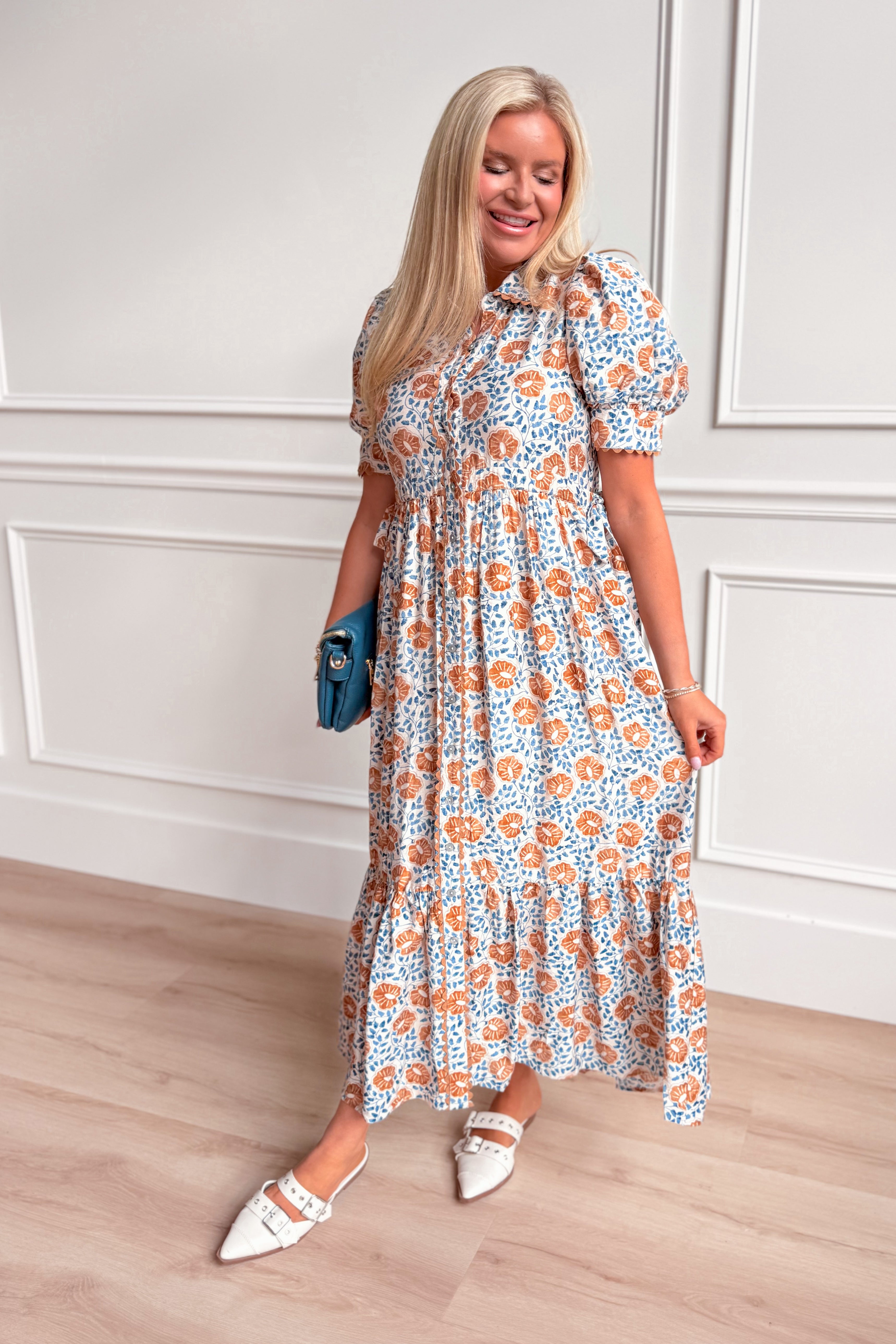 Sylvia Scallop Trim Puff Sleeve Midi Dress - Be You Boutique