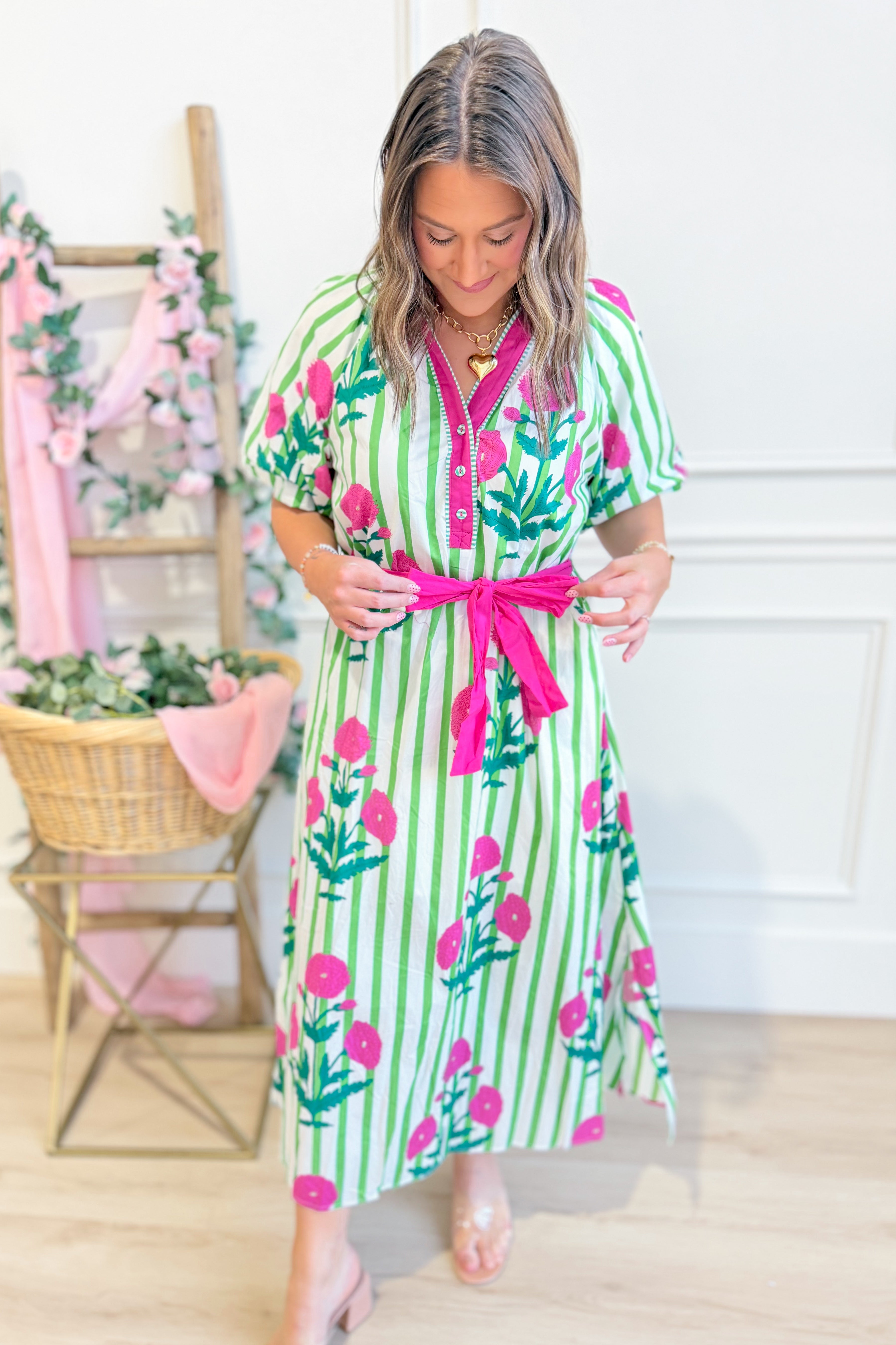 Lauren Striped Floral Pattern Midi Dress - Be You Boutique