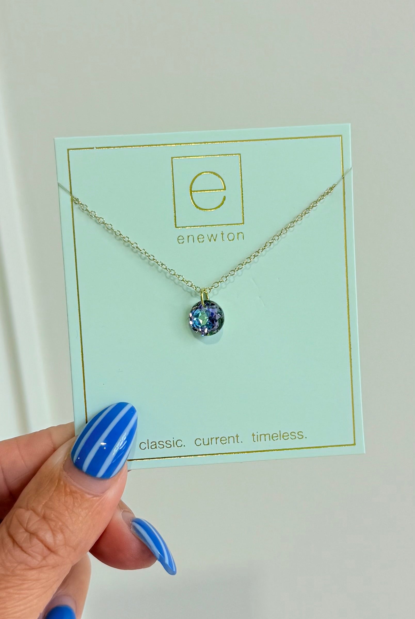 Enewton 16-inch classic birthstone necklace featuring a sparkling gemstone pendant on a silver chain.