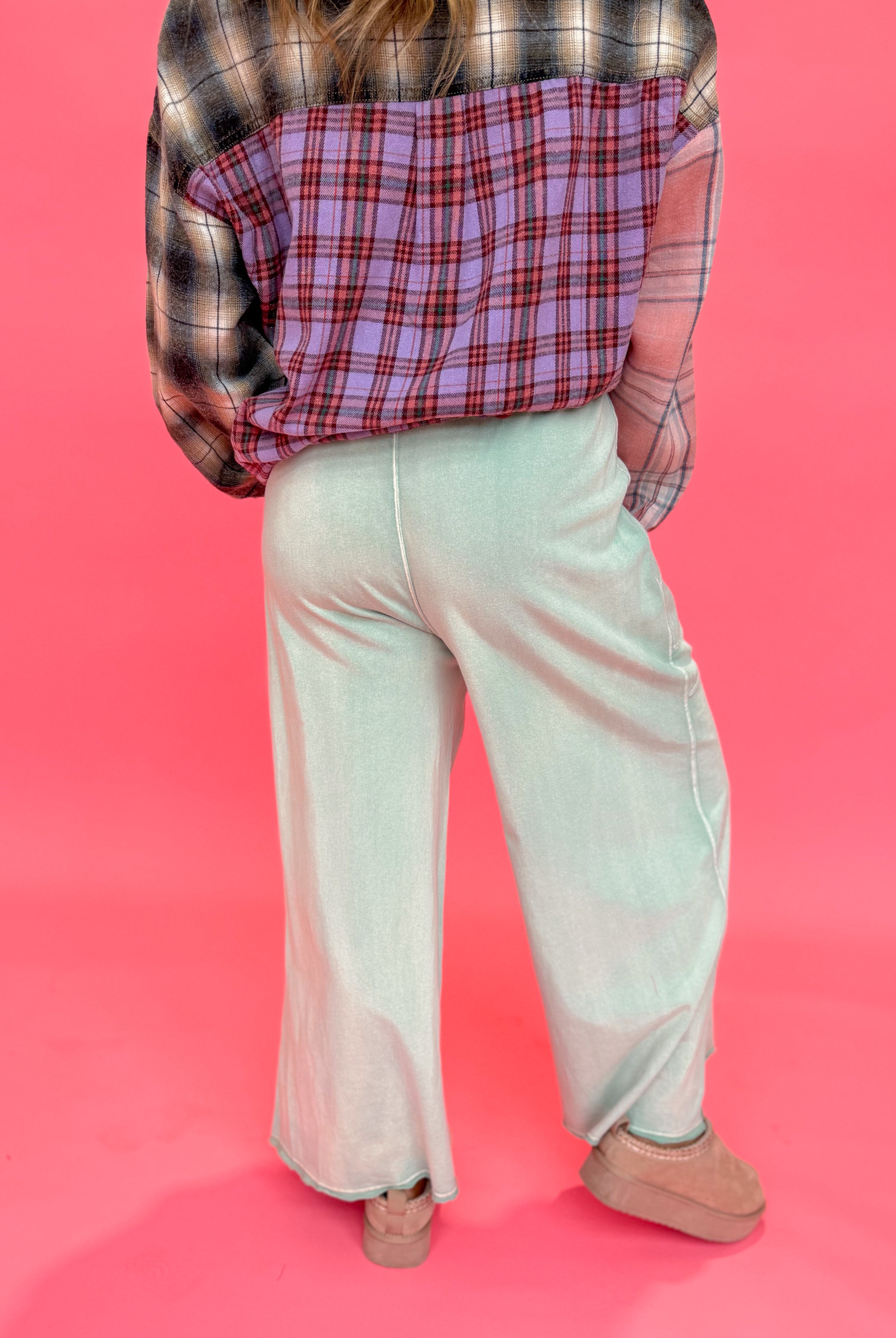 EASEL Luke Washed Terry Knit Wide Leg Pants in light fabric, shown in a relaxed fit with a wide leg cut and soft texture.