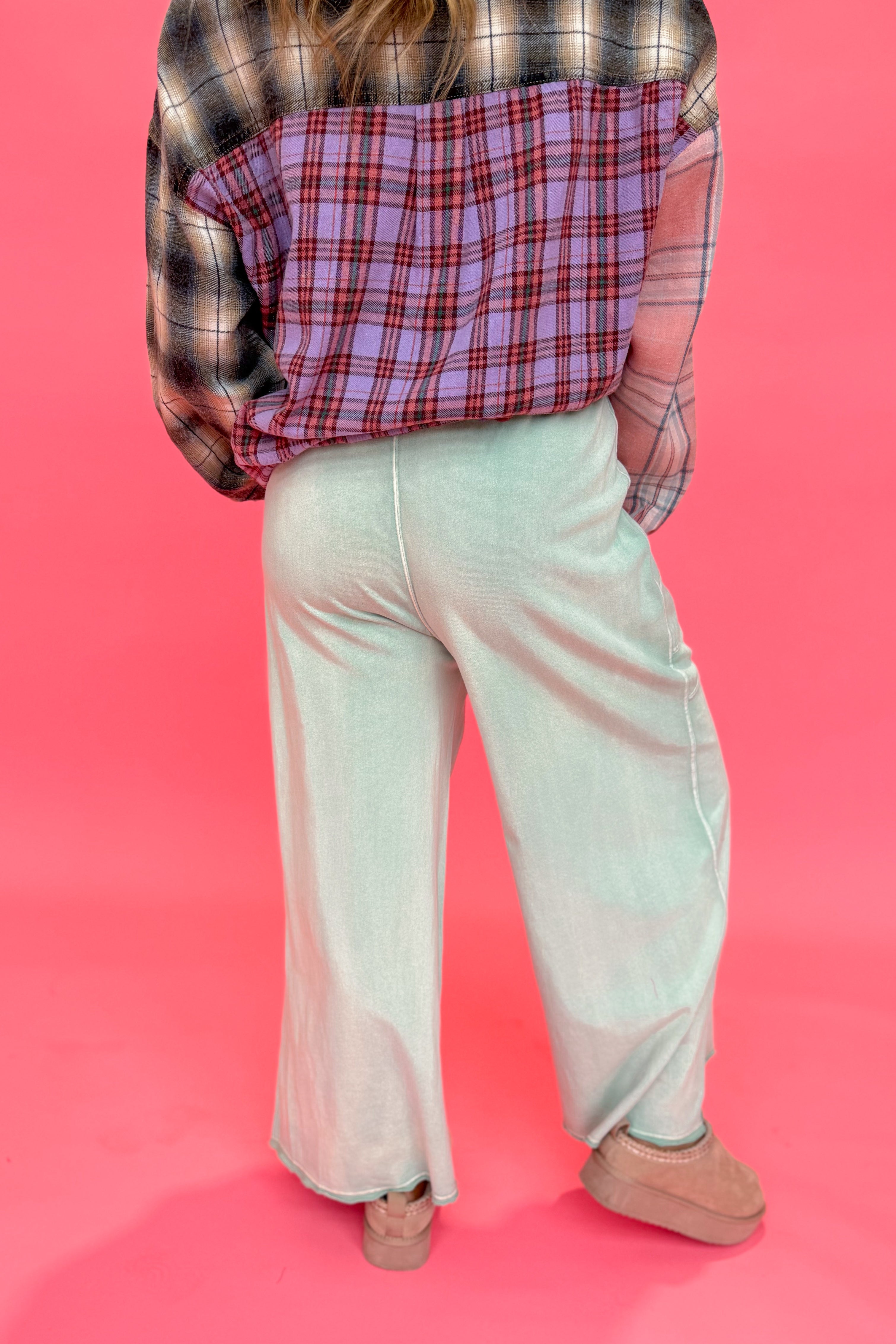 EASEL Luke Washed Terry Knit Wide Leg Pants in light fabric, shown in a relaxed fit with a wide leg cut and soft texture.