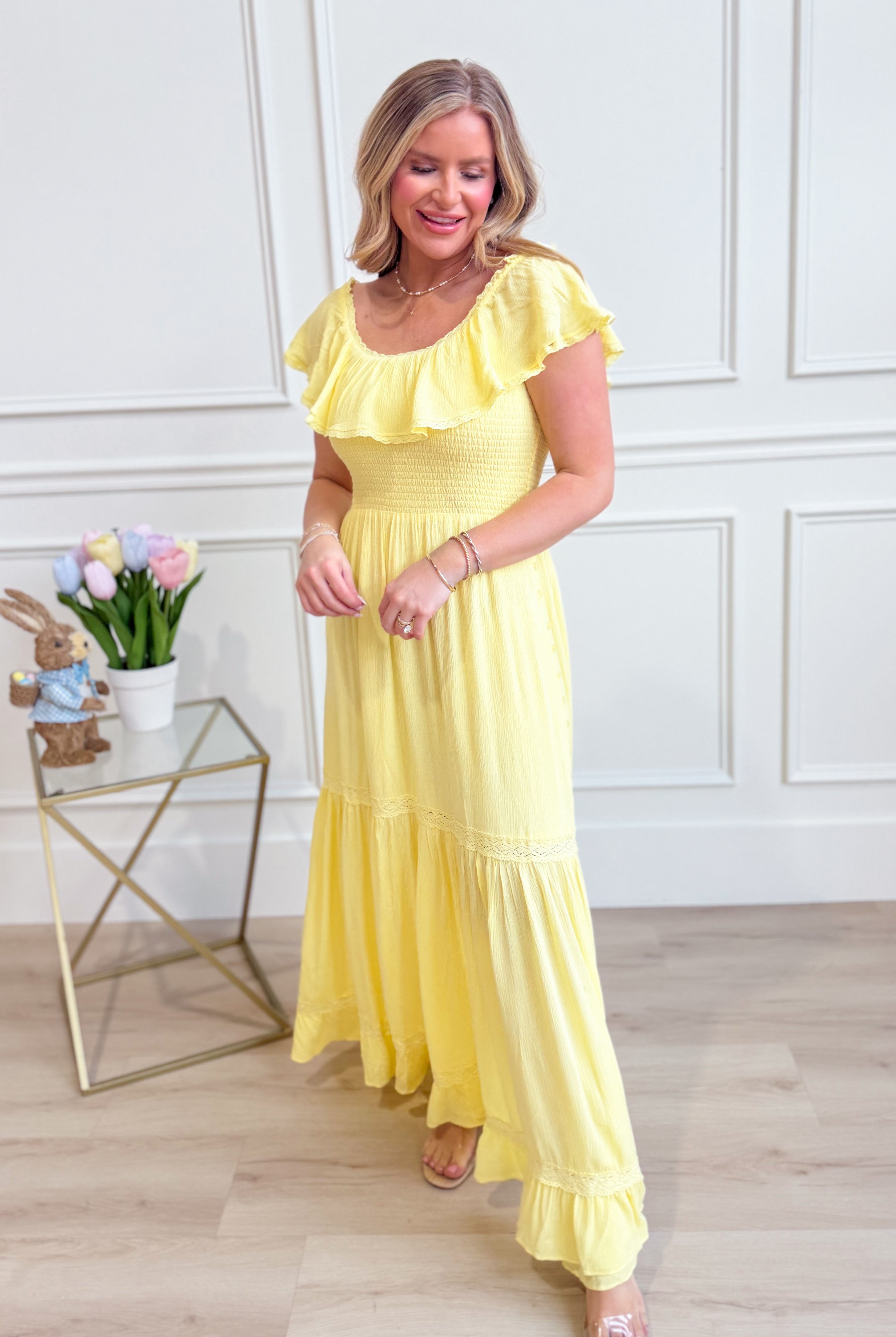 IN LOOM Randy Ruffled Flounce Collar Maxi Dress with elegant ruffles and flowing silhouette, perfect for dressy occasions.