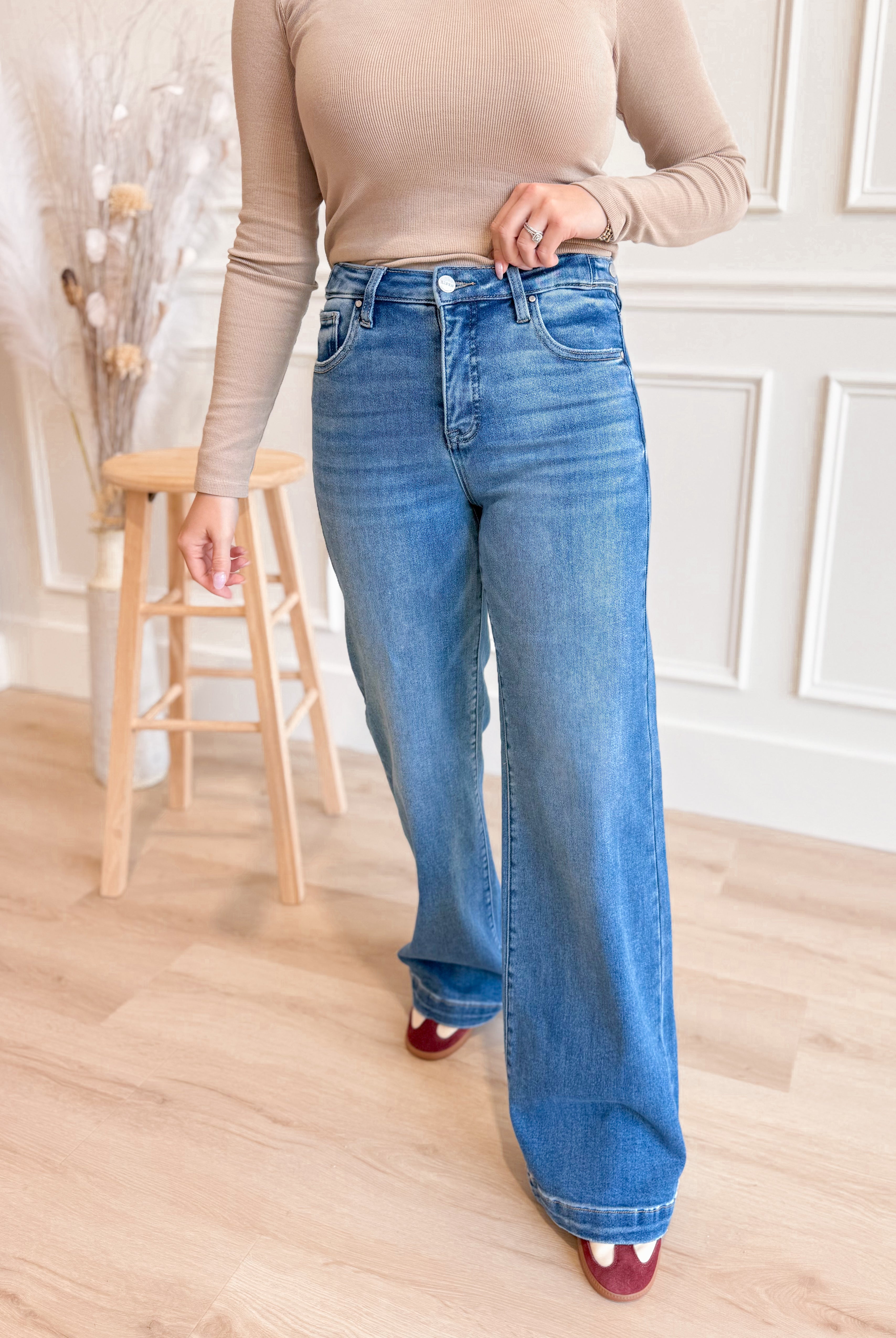 Risen Oscar high-rise tummy control wide adjustable fit core jeans, shown in dark denim with classic five-pocket style.
