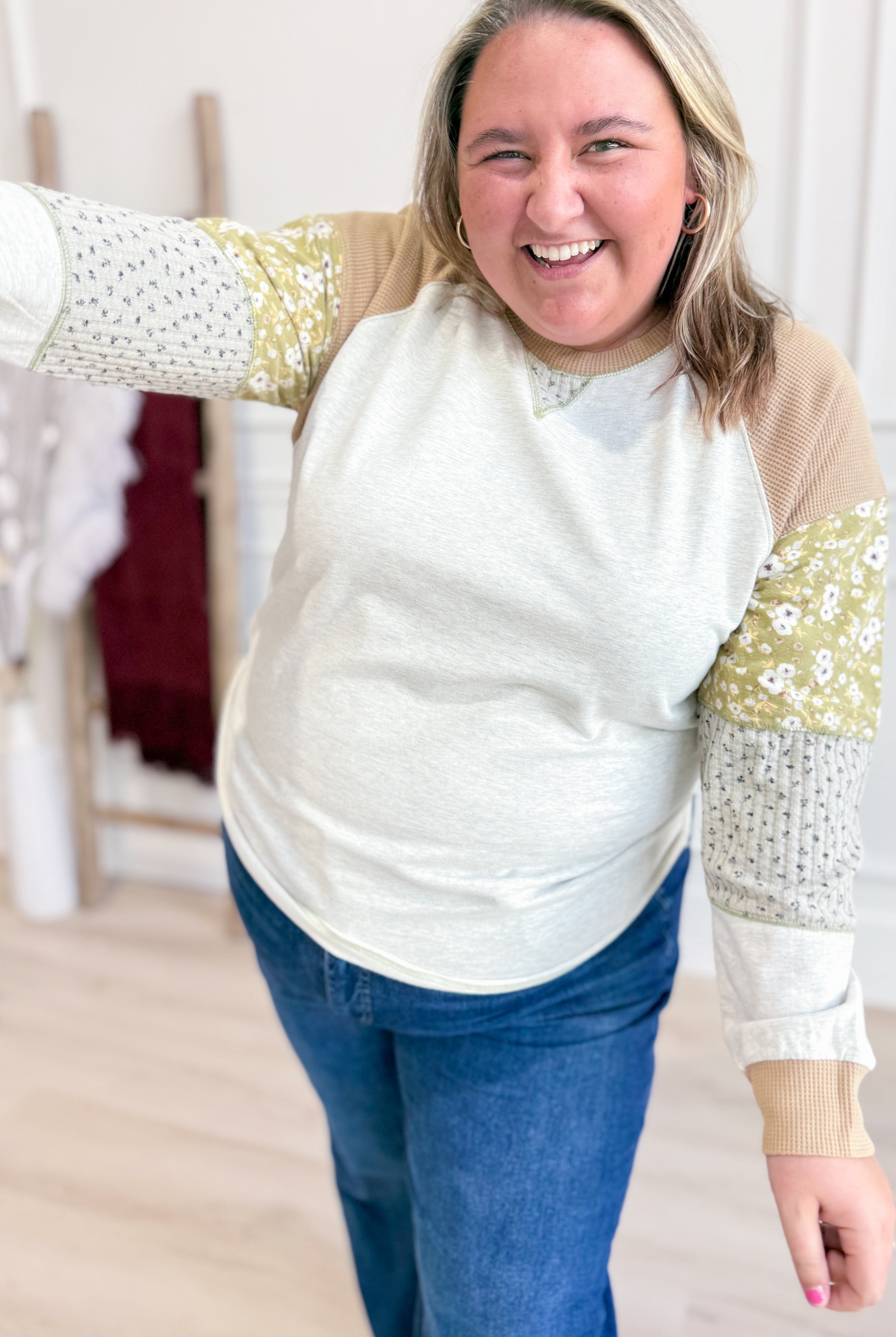 Emily Multi Patchwork Sleeve Pullover Top - Be You Boutique