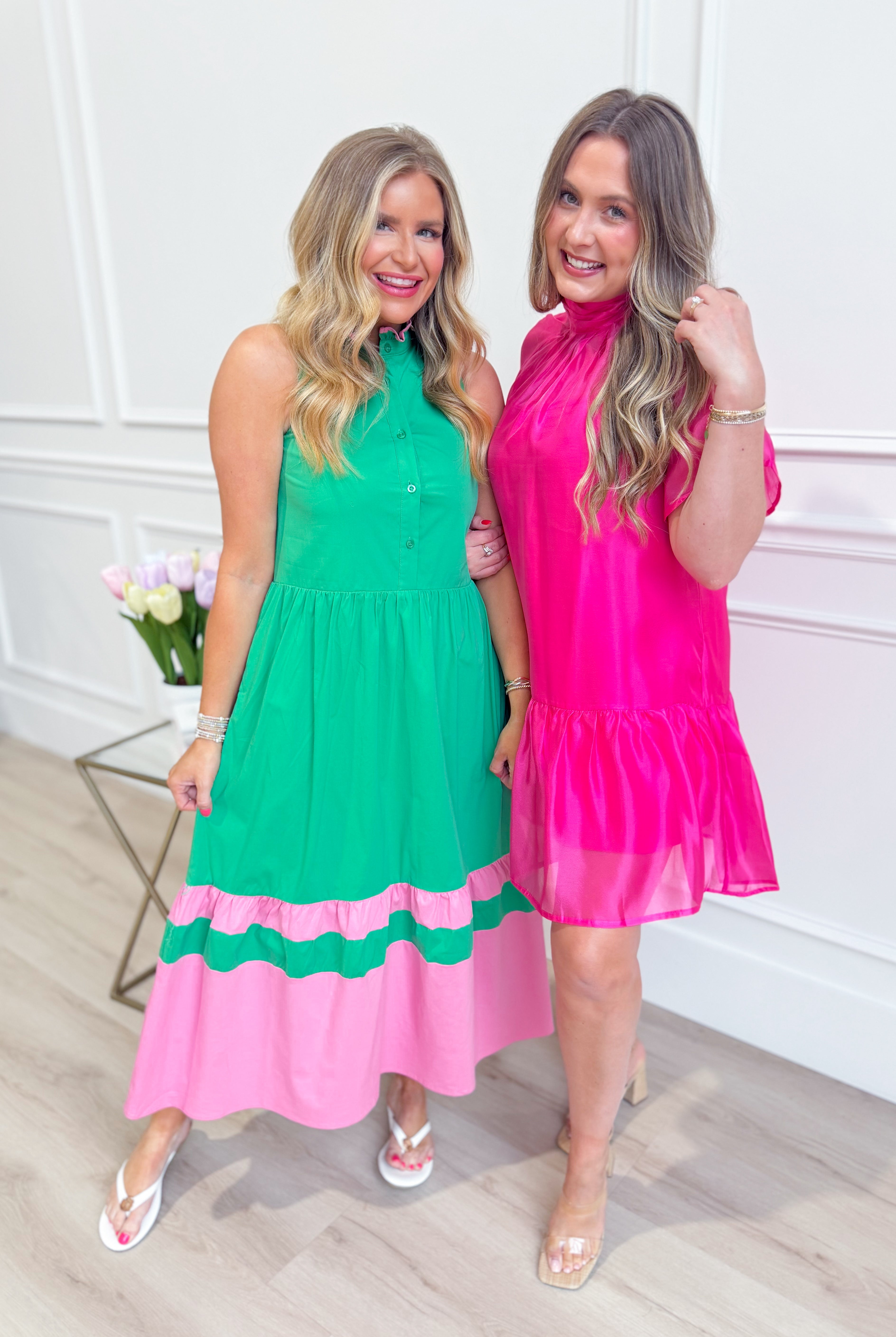 ENTRO Kim Hot Pink Flutter Sleeve Mock Neck Dress, stylish dress with flutter sleeves and mock neckline for elegant occasions.