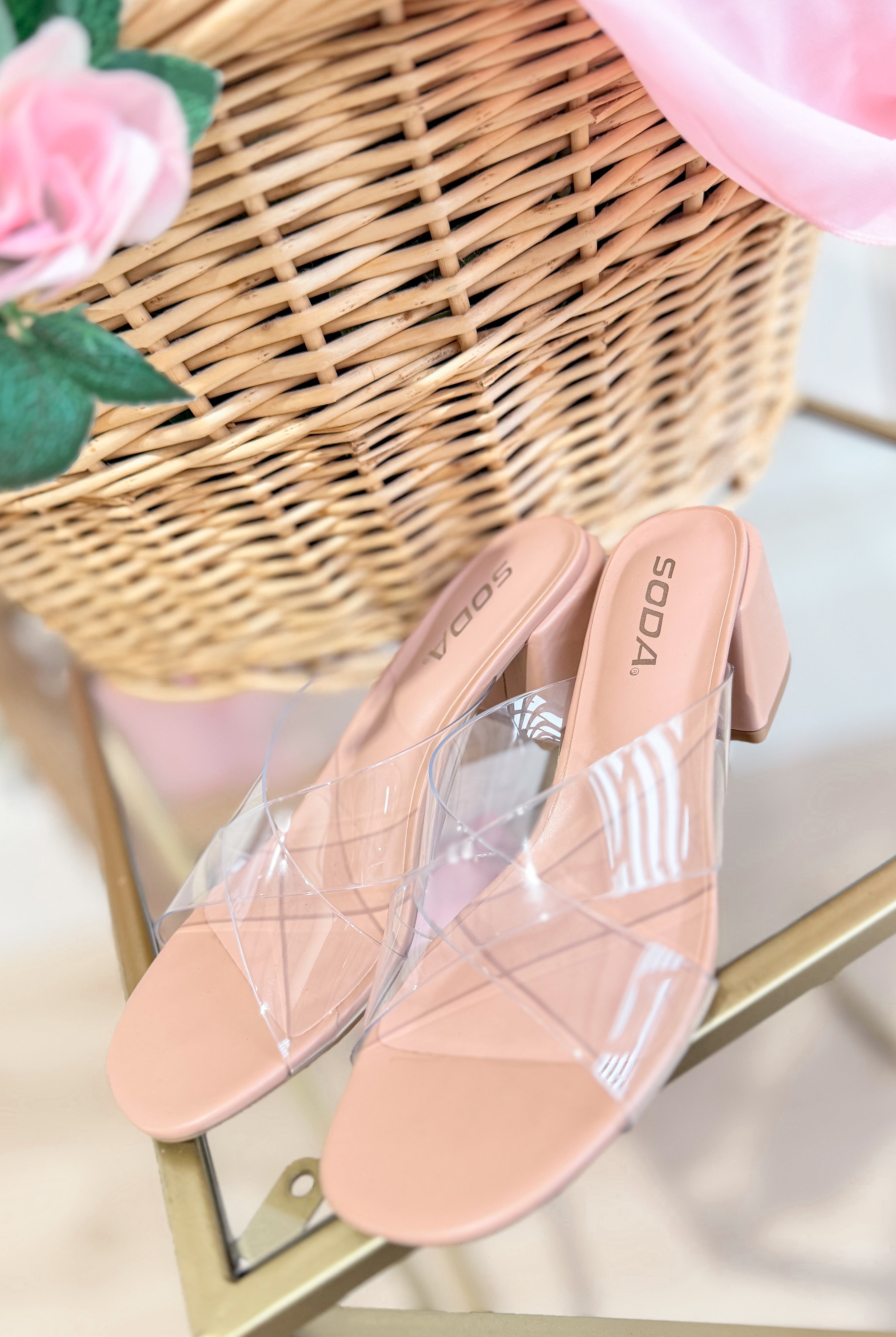 SODA Sarah Clear Criss Cross Heel, stylish women's 212 other shoes with clear criss cross straps and block heel.