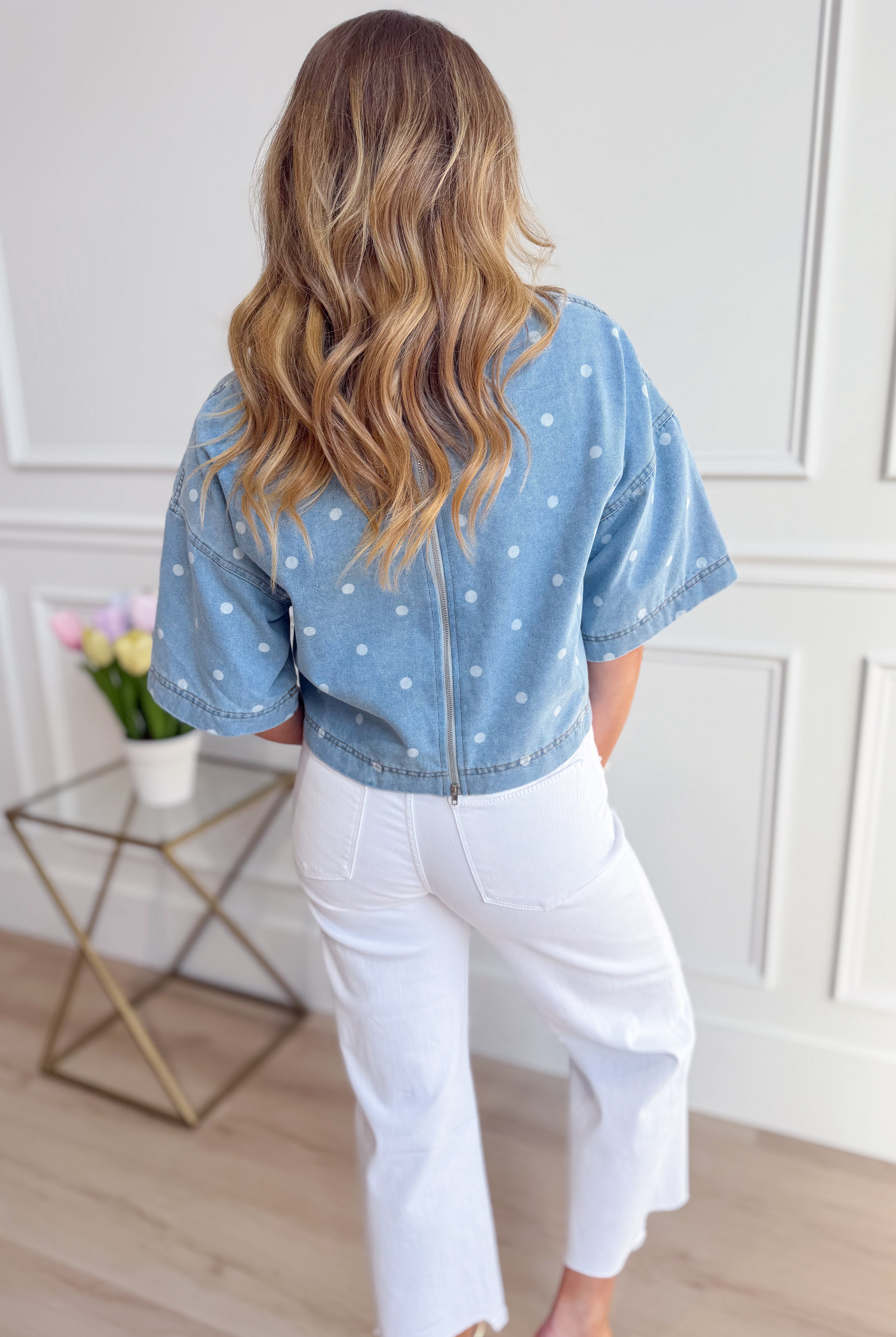 PEACH LOVE Grace polka dot denim top from the 110 Dressy Tops collection, featuring a stylish polka dot pattern and denim fabric.