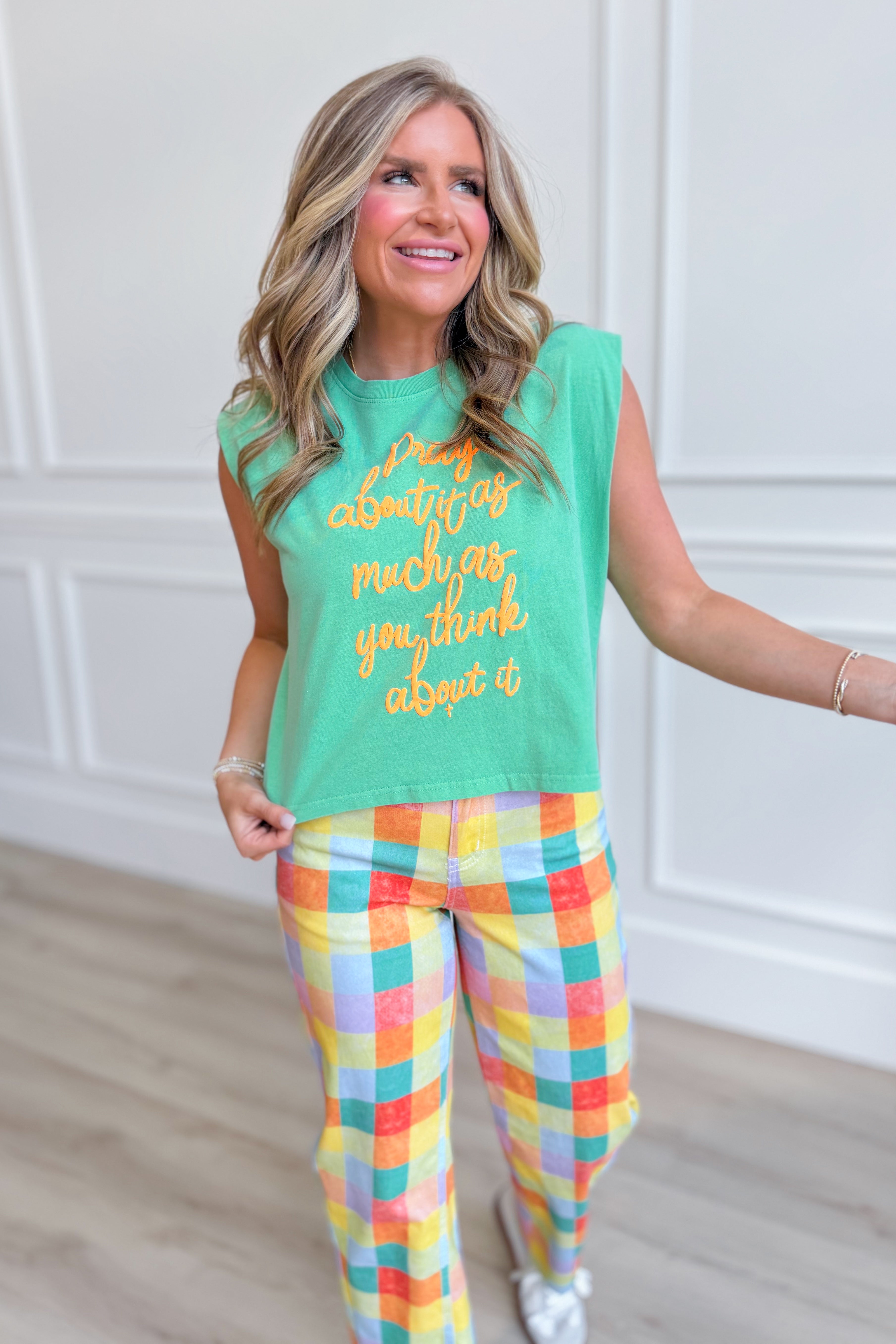Pink Pray About It tank top from POPPY & PINE's 117 Graphic Tees collection, featuring bold black text on soft fabric.