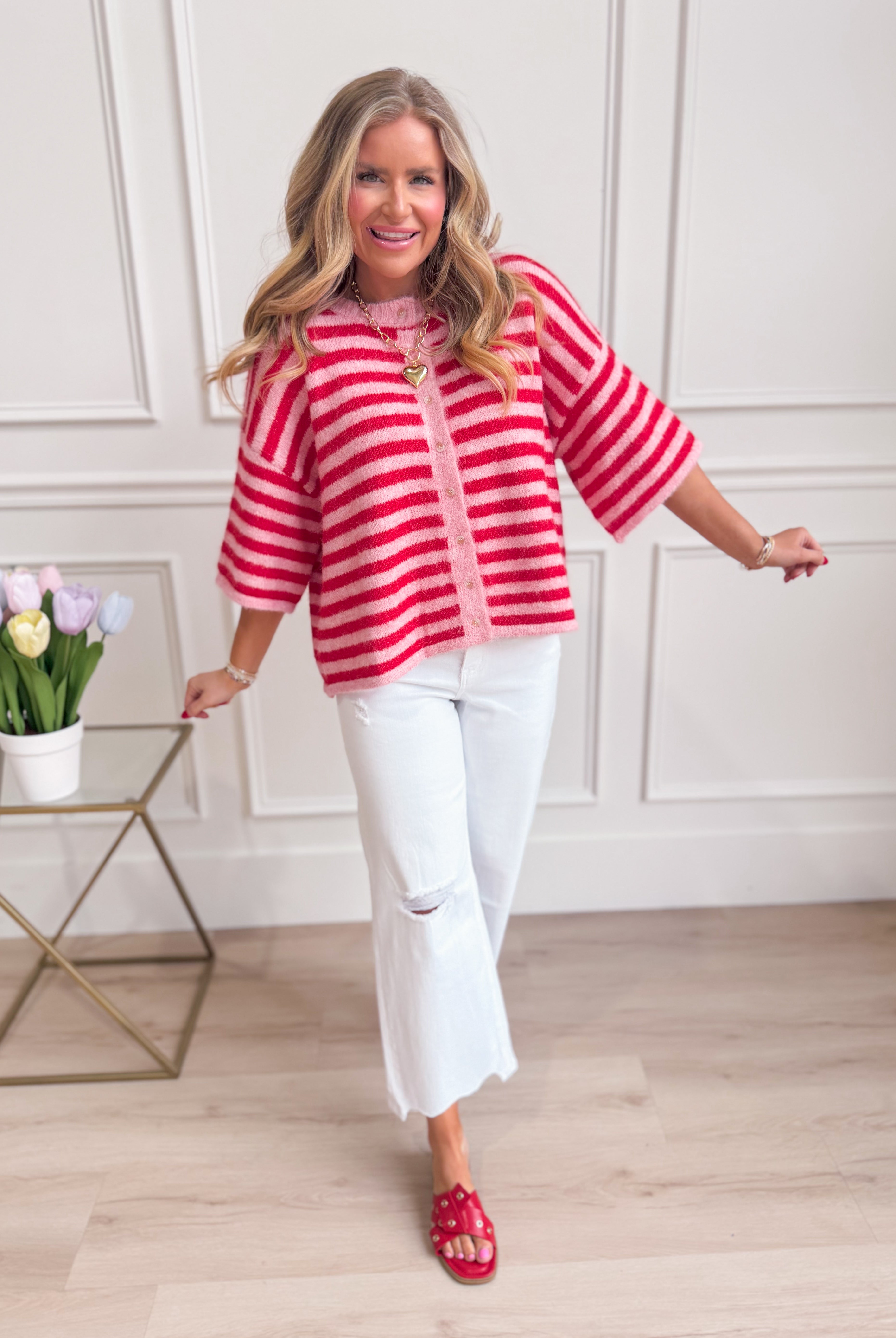Pink striped button-down cardigan top from BAEVELY, featuring a classic design and lightweight spring sweater style.