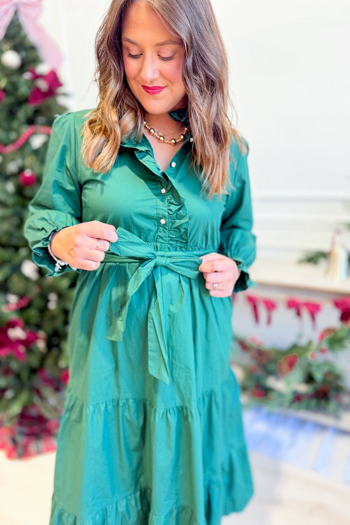 JODIFL Angela Hunter green ruffle trim tie waist dress with elegant design and flowy fabric, perfect for dressy occasions.