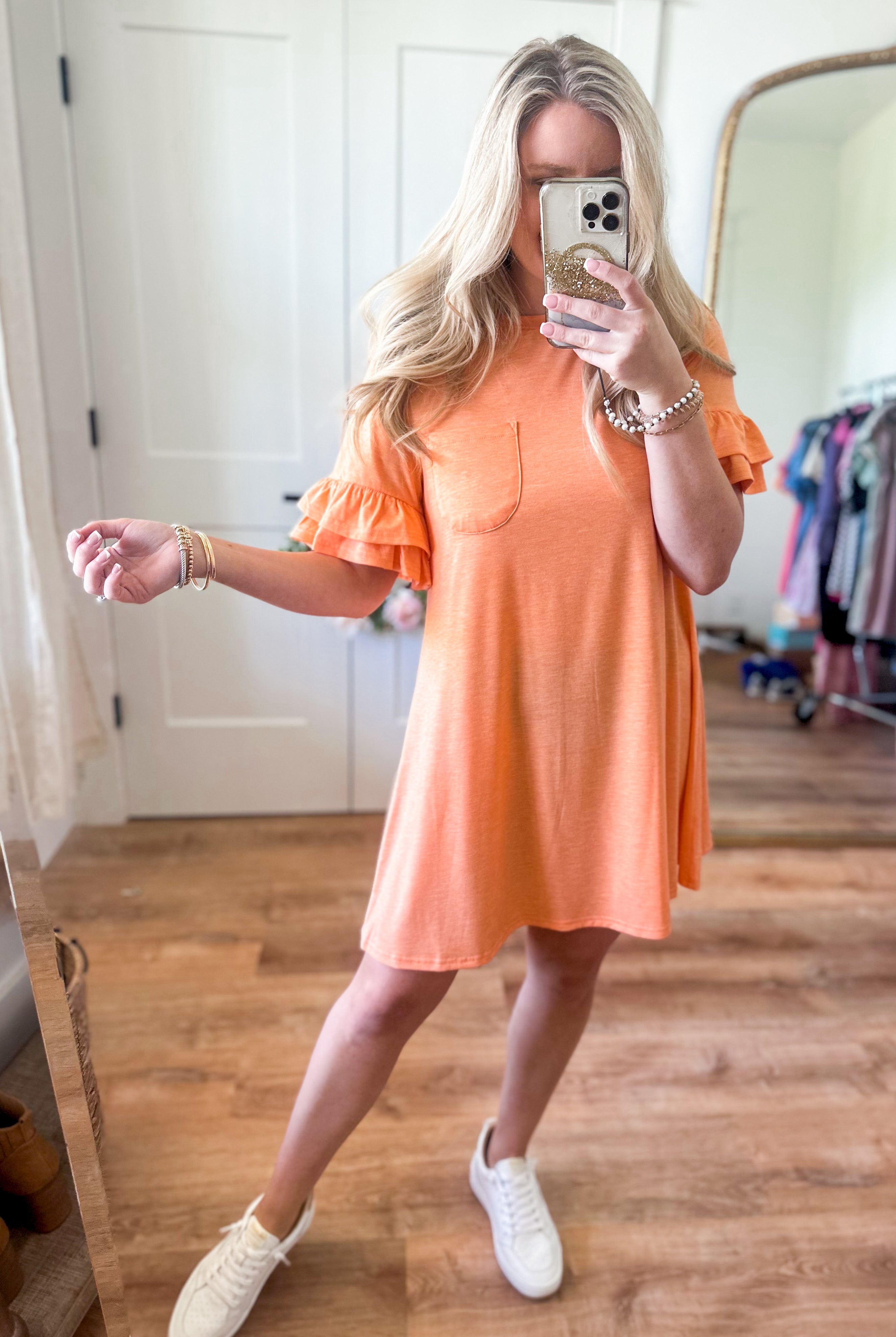 Melvis French Terry Ruffle Pocket Tee Shirt Dress - Be You Boutique