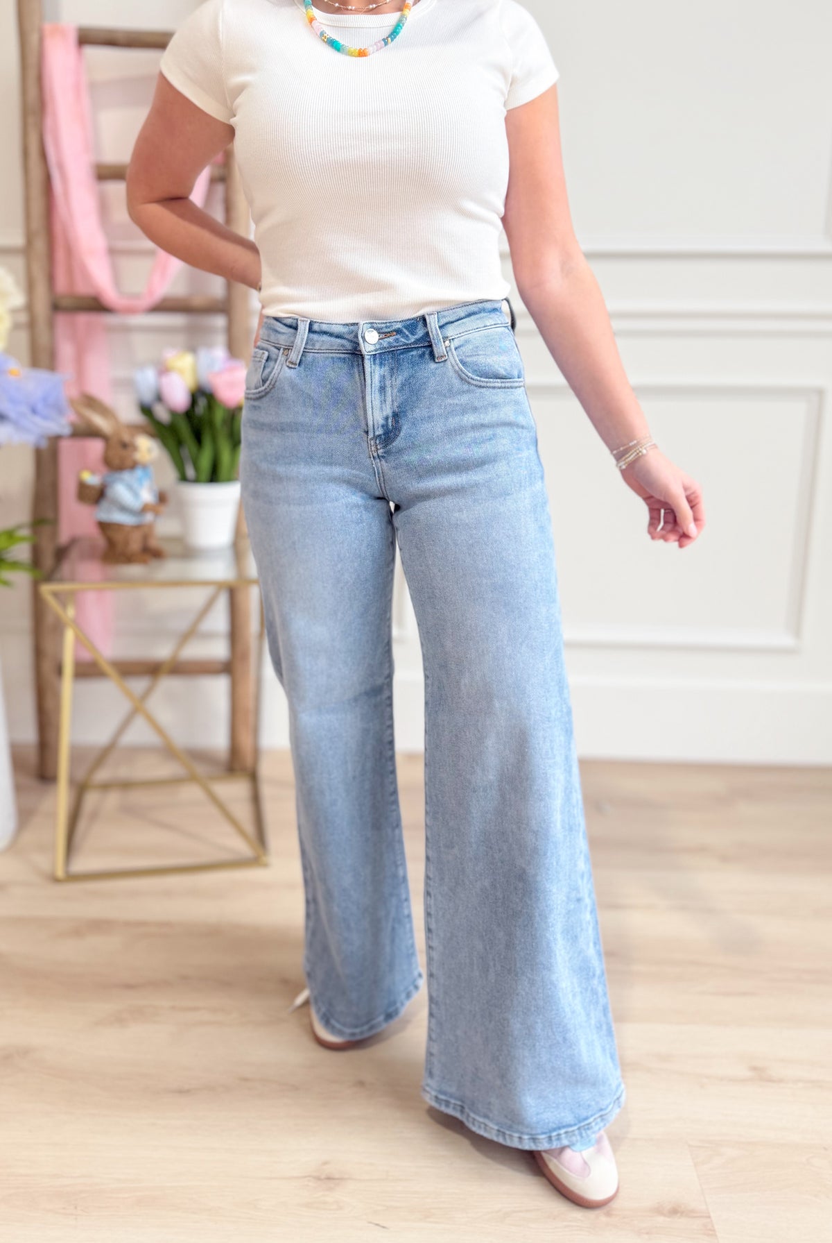 RISEN Conrad mid-rise shimmer wide-leg jeans, in a light wash, featuring a relaxed fit and 146 core denim style.