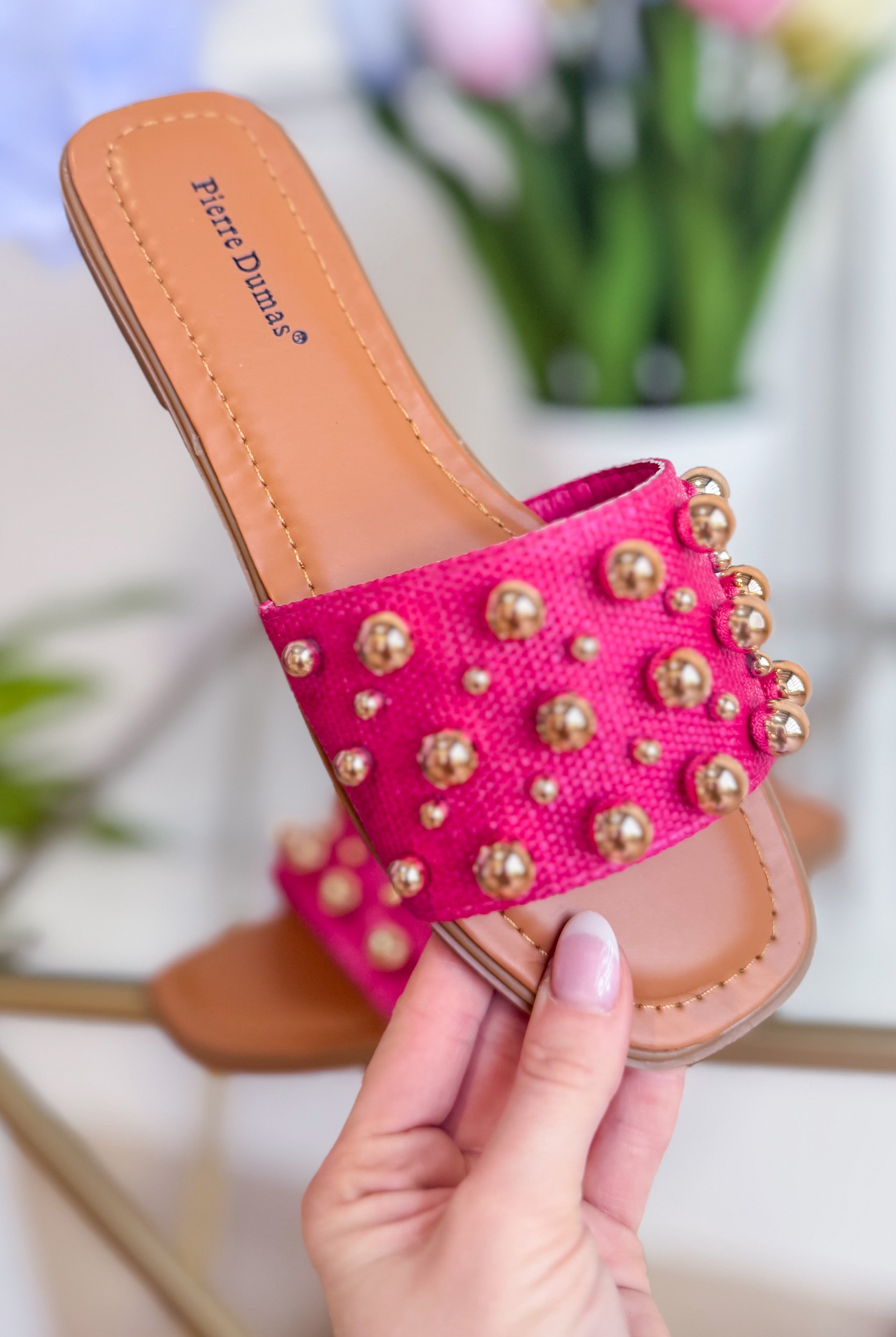 Pierre Dumas Empress Fuschia crossover sandal for women, featuring vibrant color and stylish design, on a white background.