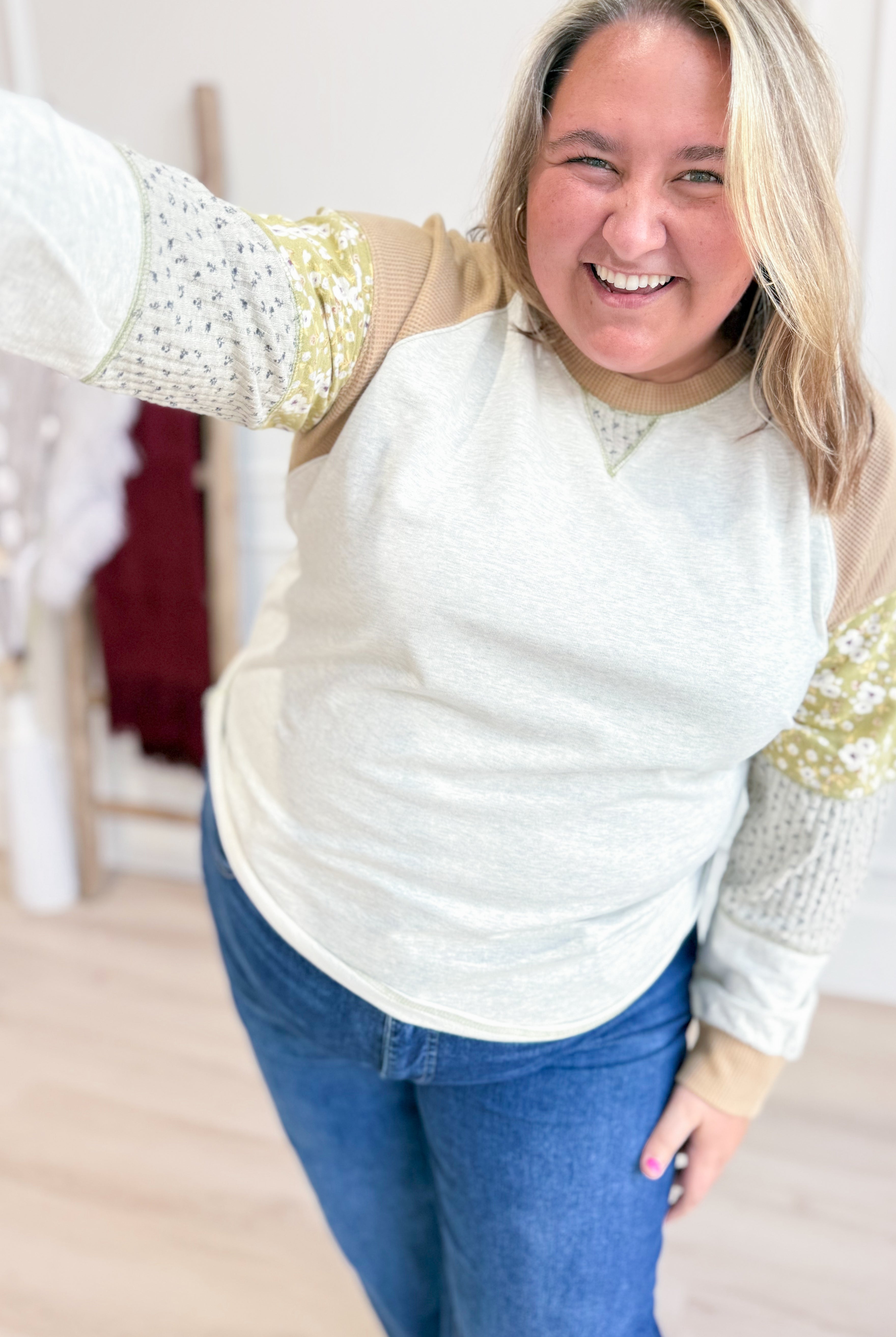 Emily Multi Patchwork Sleeve Pullover Top - Be You Boutique