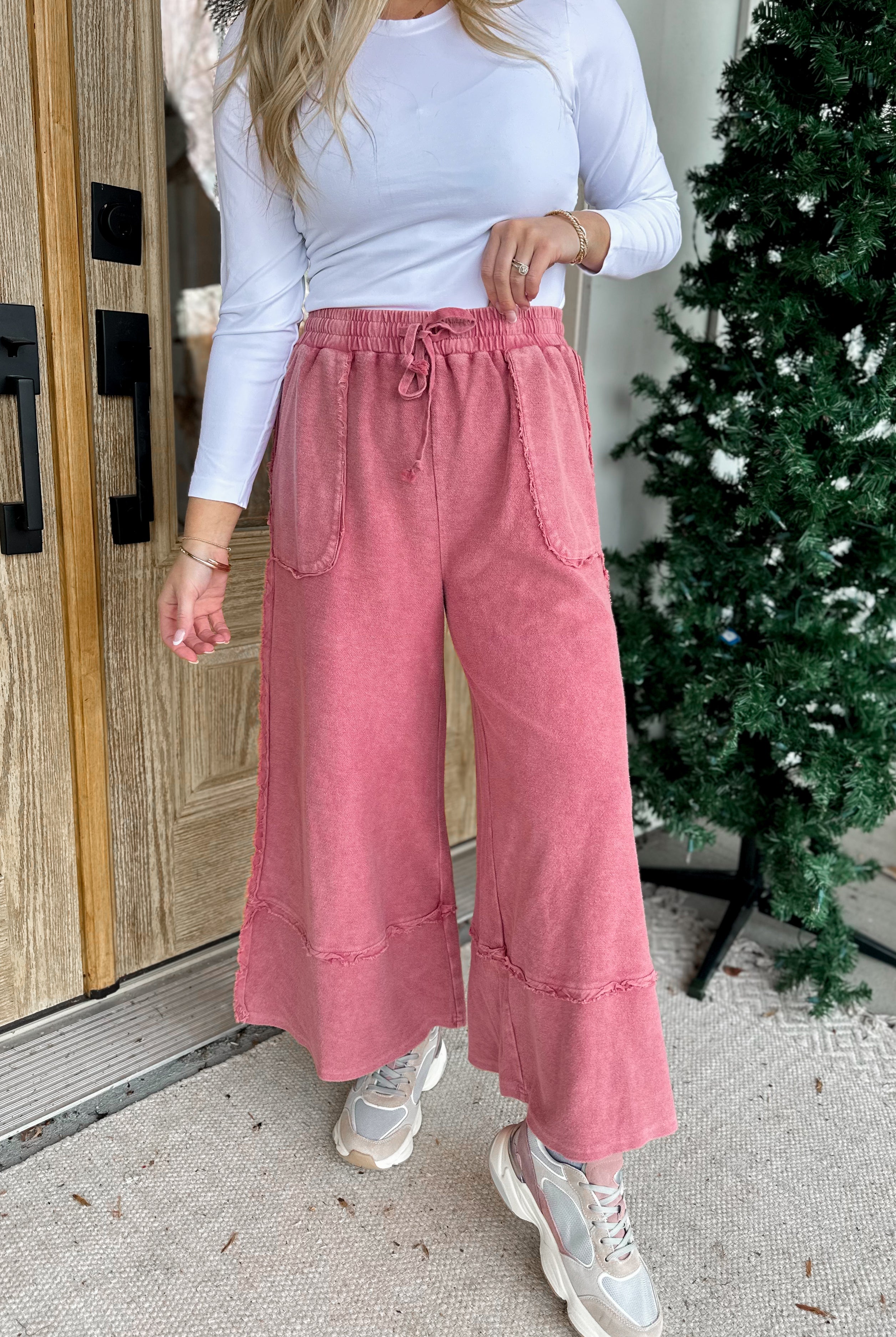 Caris Mineral Washed Upside Down Terry Knit Wide Leg Palazzo Pants - Be You Boutique