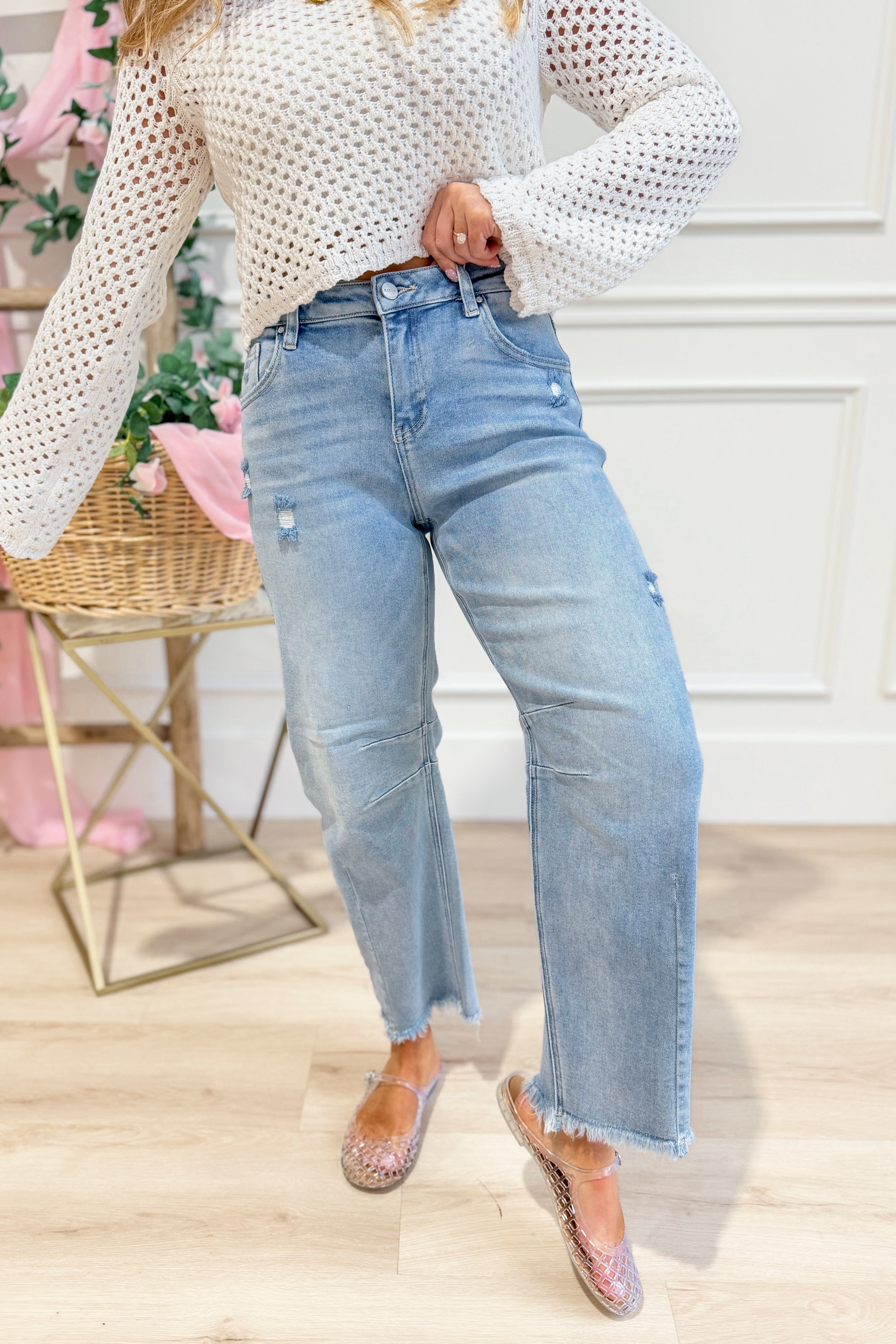 Risen Nolan high-rise barrel jeans in dark wash with 146 core design, available in sizes 0 to 3XL.