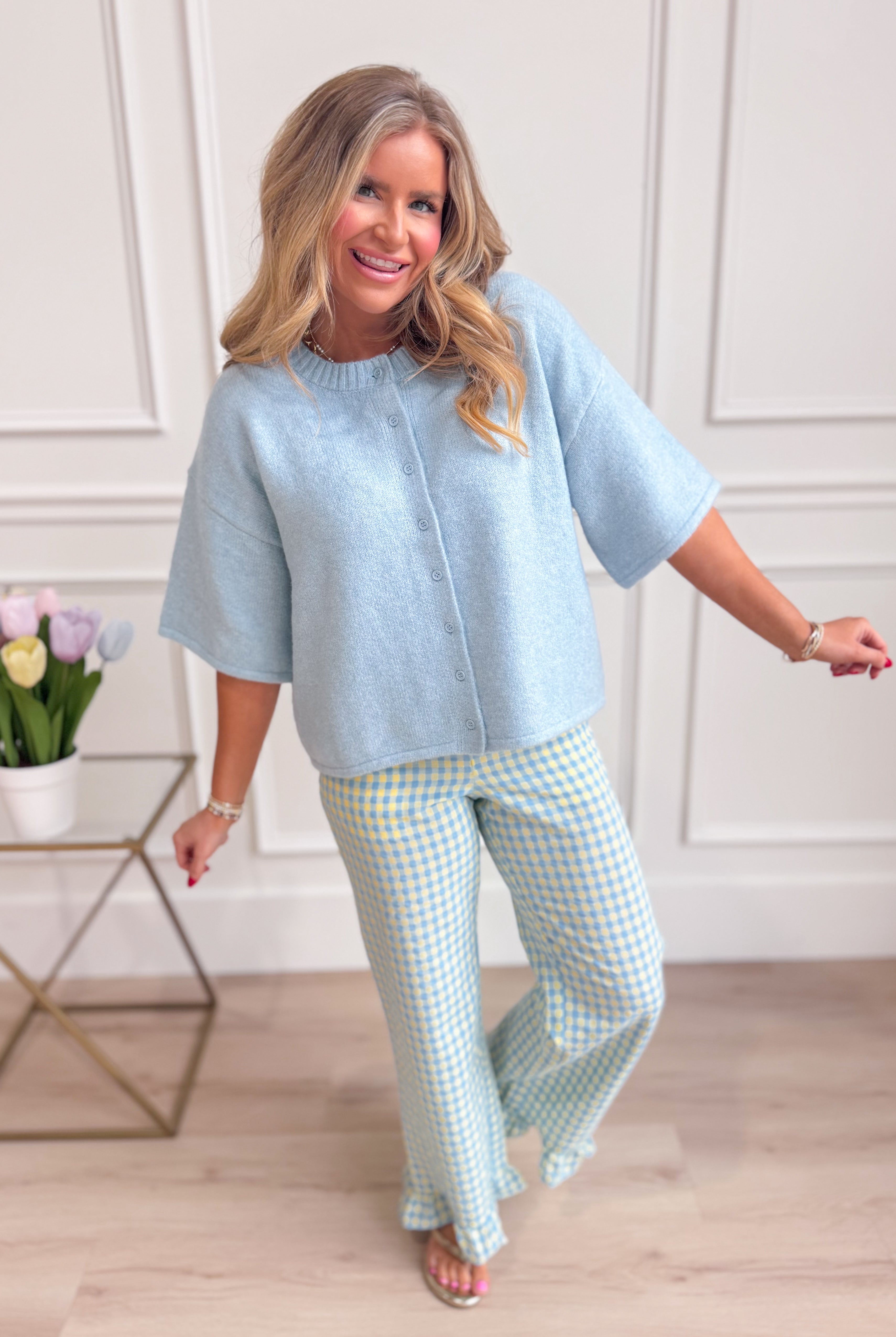 Baevely Lauren button-down cardigan top from 131 Spring Sweaters collection, featuring a soft knit fabric and button details.