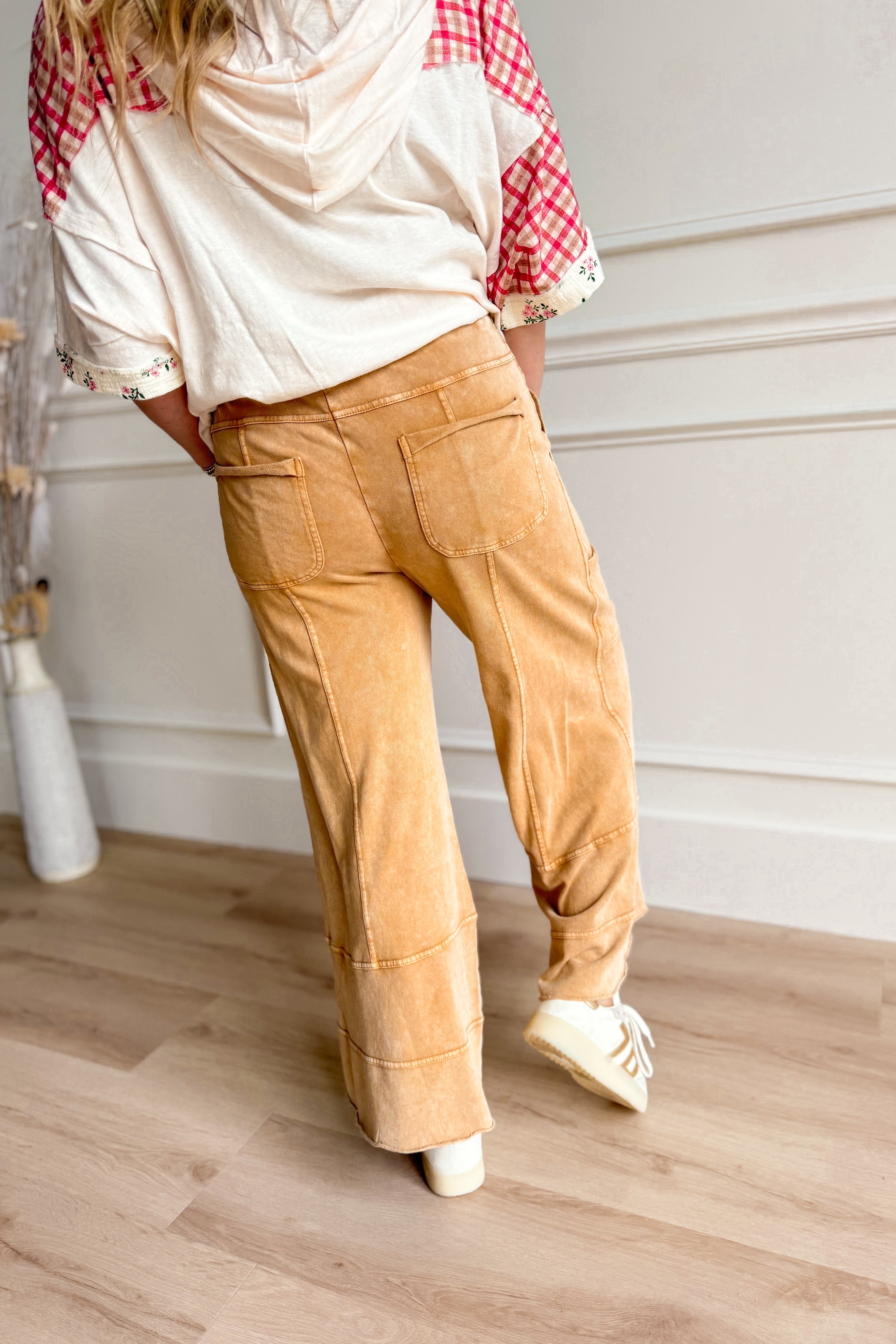 EASEL Bradley mineral washed terry knit wide-leg pants in neutral color, featuring a relaxed fit and comfortable fabric.