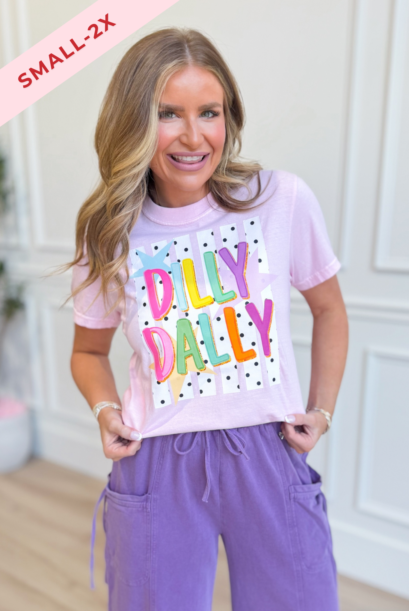 A woman modeling a light pink graphic t-shirt with the text 'DILLY DAILY' in colorful letters, paired with purple drawstring pants. A pink banner in the top-left corner reads 'SMALL-2X'.