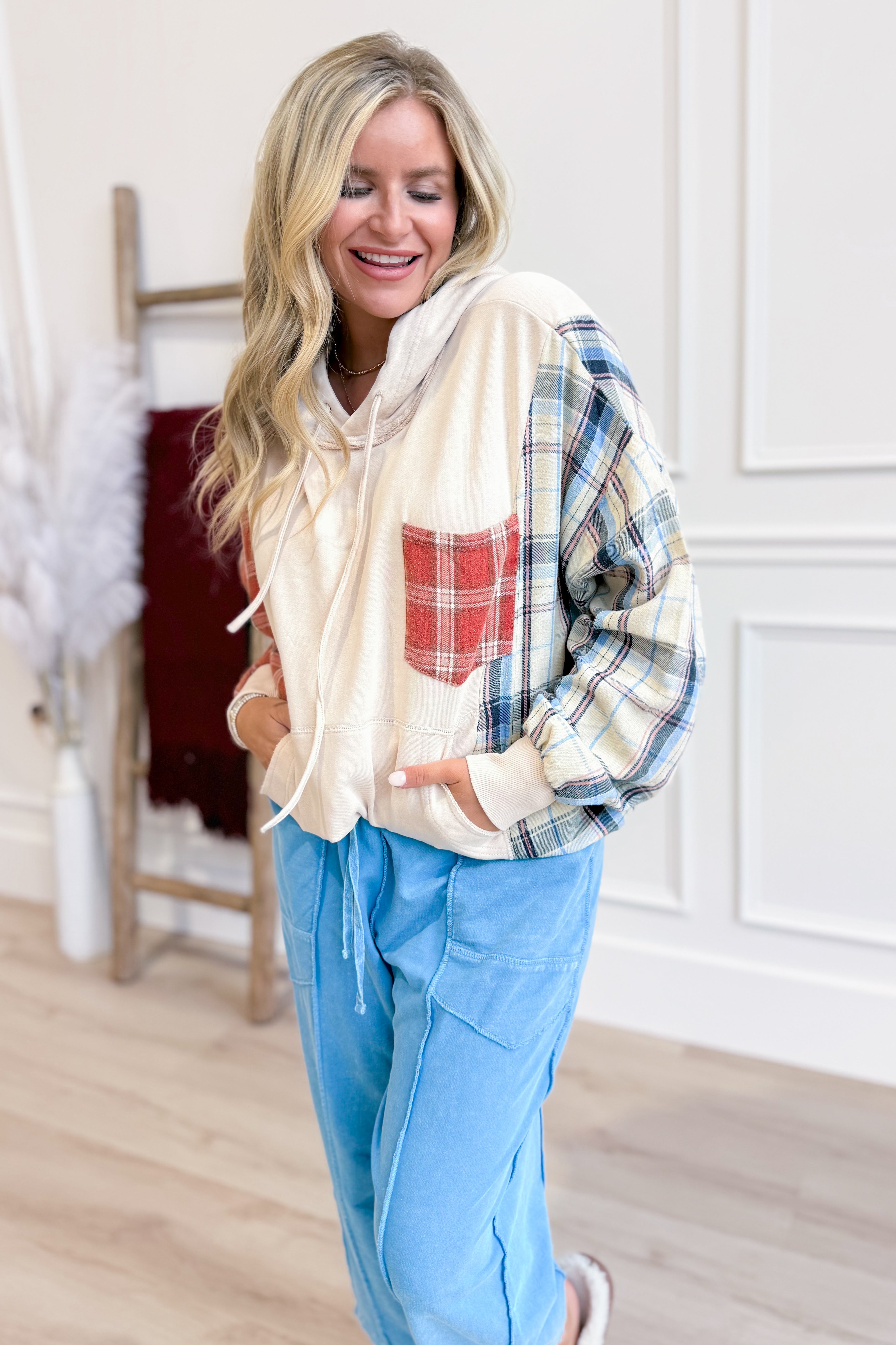 Laney Plaid Mixed Washed Terry Sweatshirt - Be You Boutique