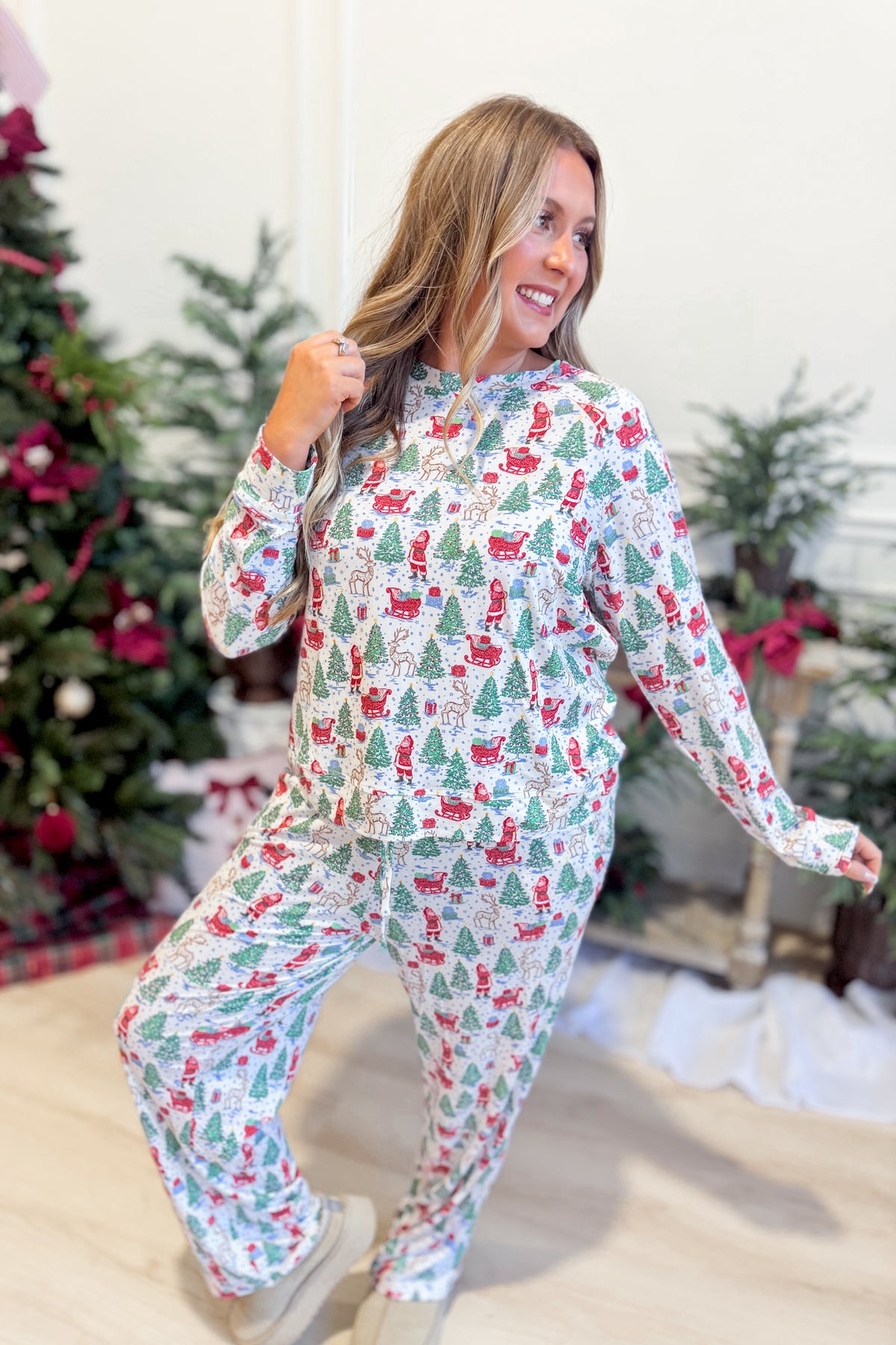 Mary Square Annie Tidings and Toile pajama set with long pants and festive toile print