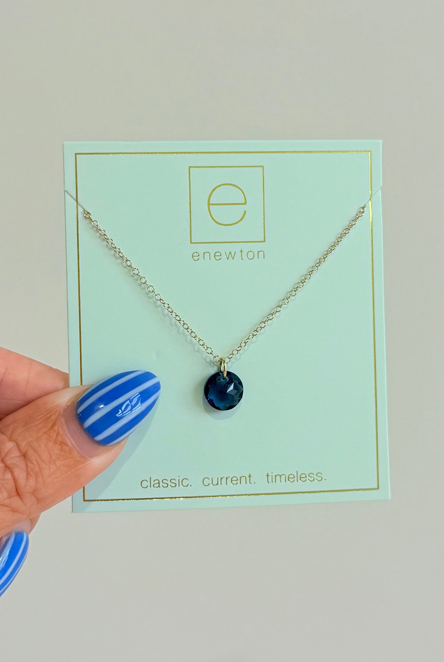 Enewton 16-inch classic birthstone necklace featuring a colorful gemstone pendant on a delicate chain.