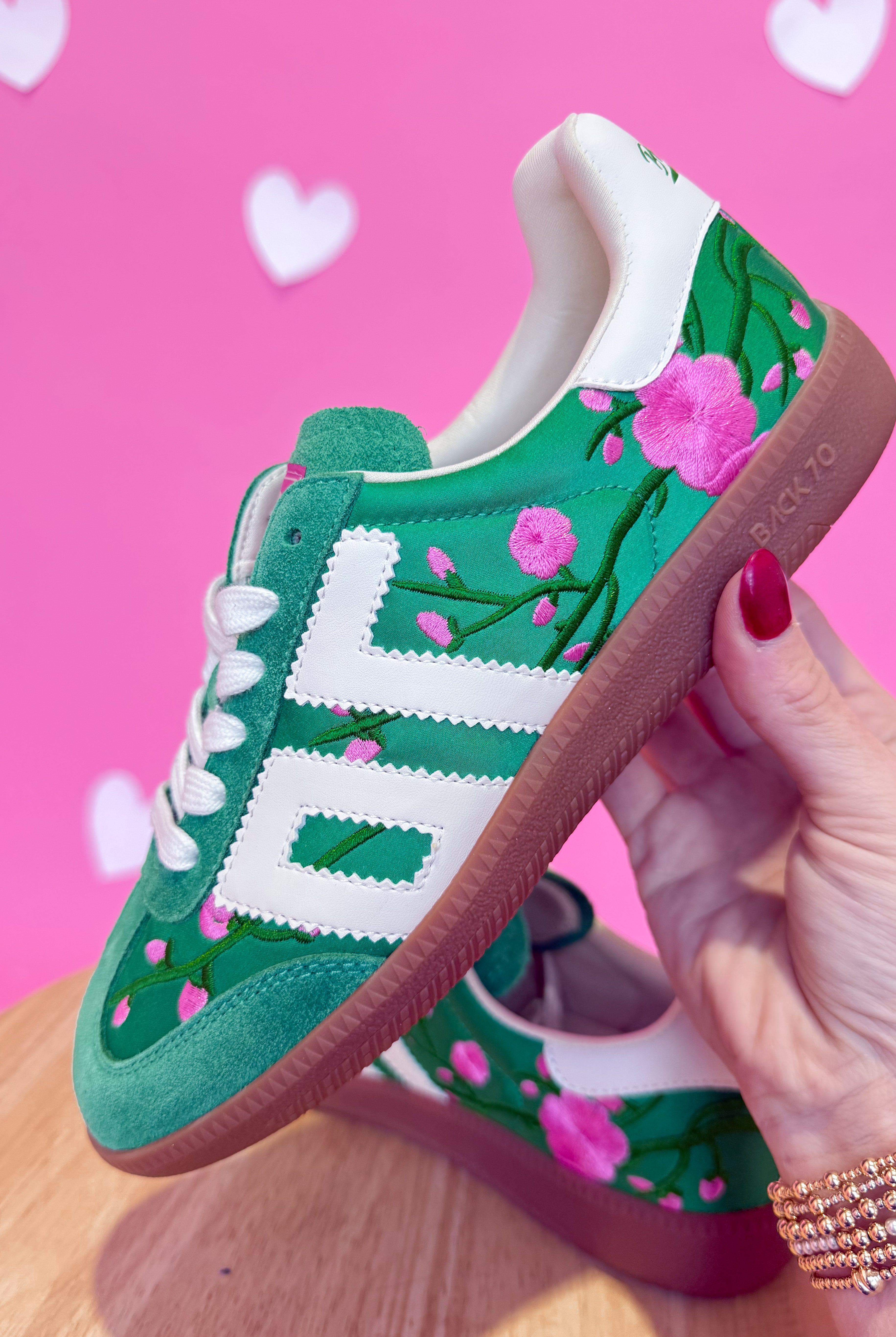 Green floral Ghost sneakers from BACK 70, style BACK70 Ghost 205 sneakers with floral design and white soles.