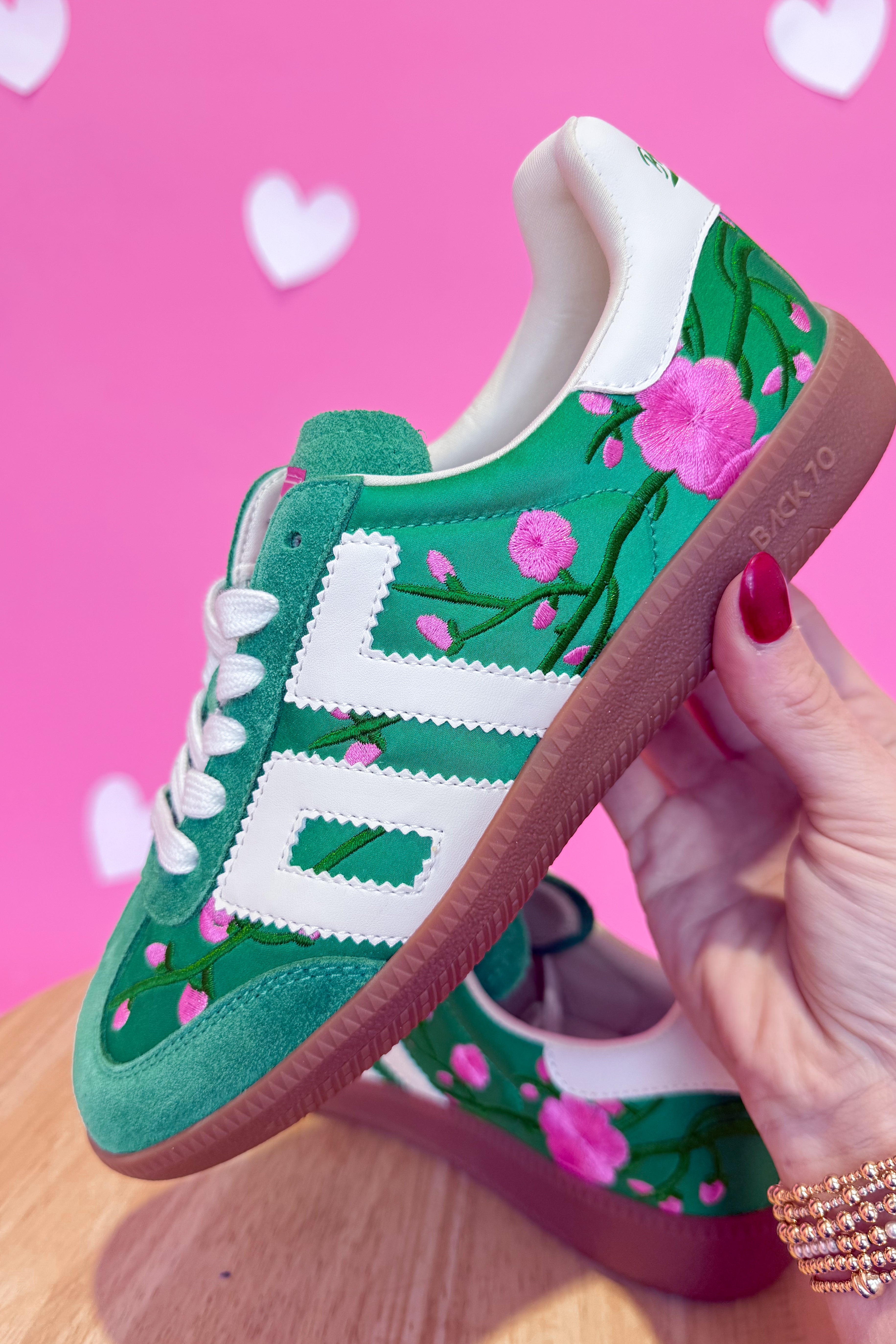 Green floral Ghost sneakers from BACK 70, style BACK70 Ghost 205 sneakers with floral design and white soles.