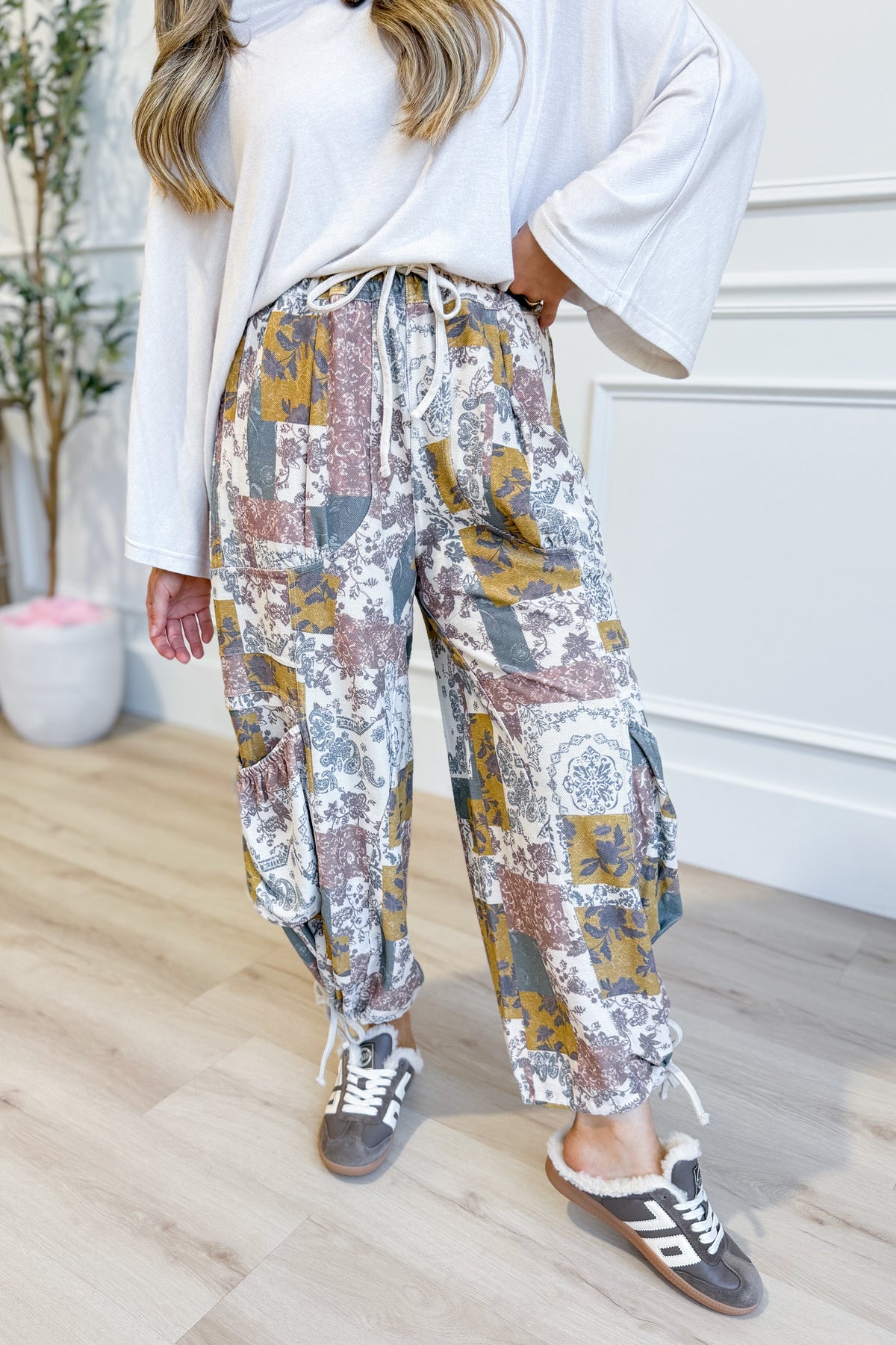 EASEL Cody Mixed Print Patchwork Pant with colorful, patterned fabric and relaxed fit, style 156 pants.