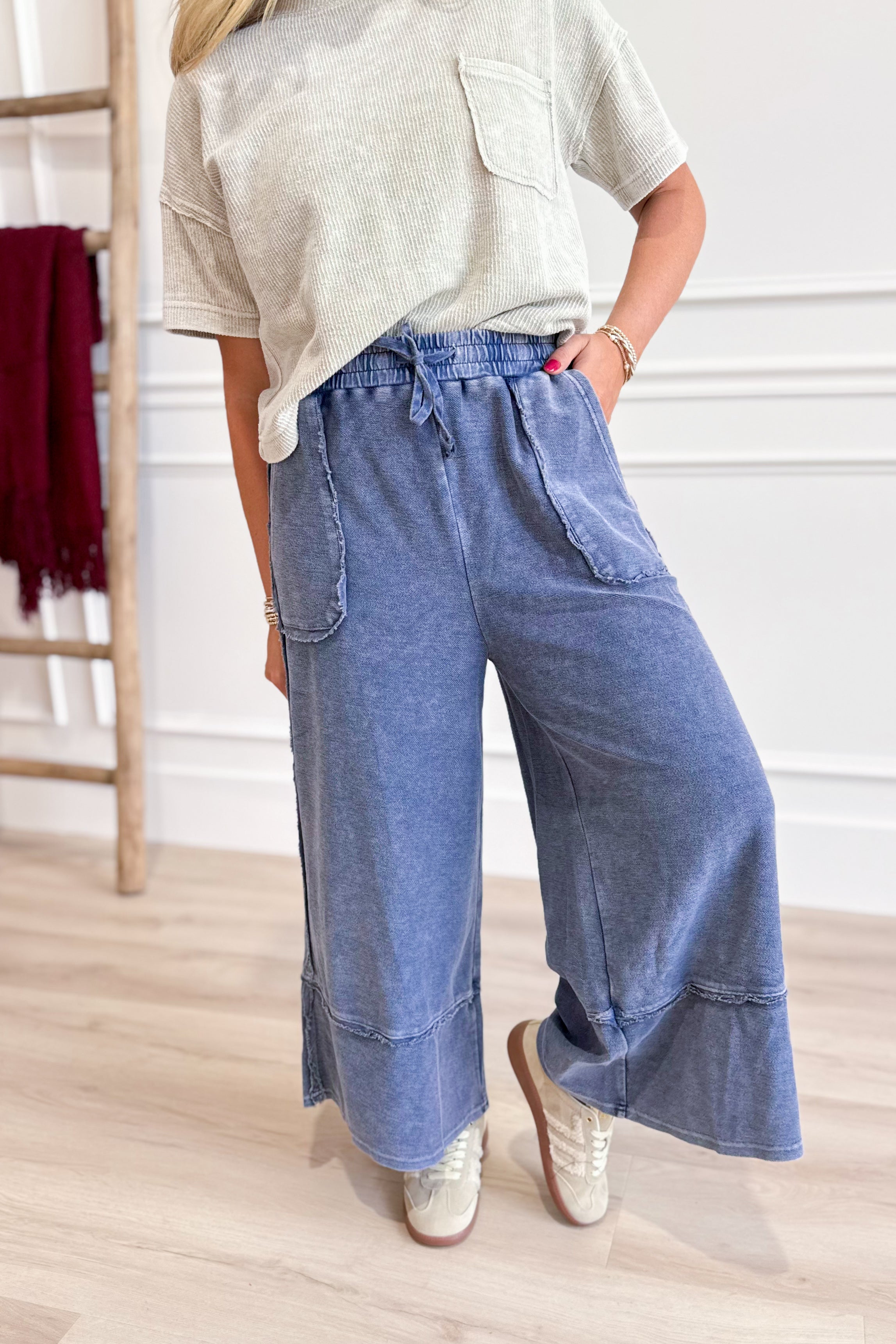 Caris Mineral Washed Upside Down Terry Knit Wide Leg Palazzo Pants - Be You Boutique