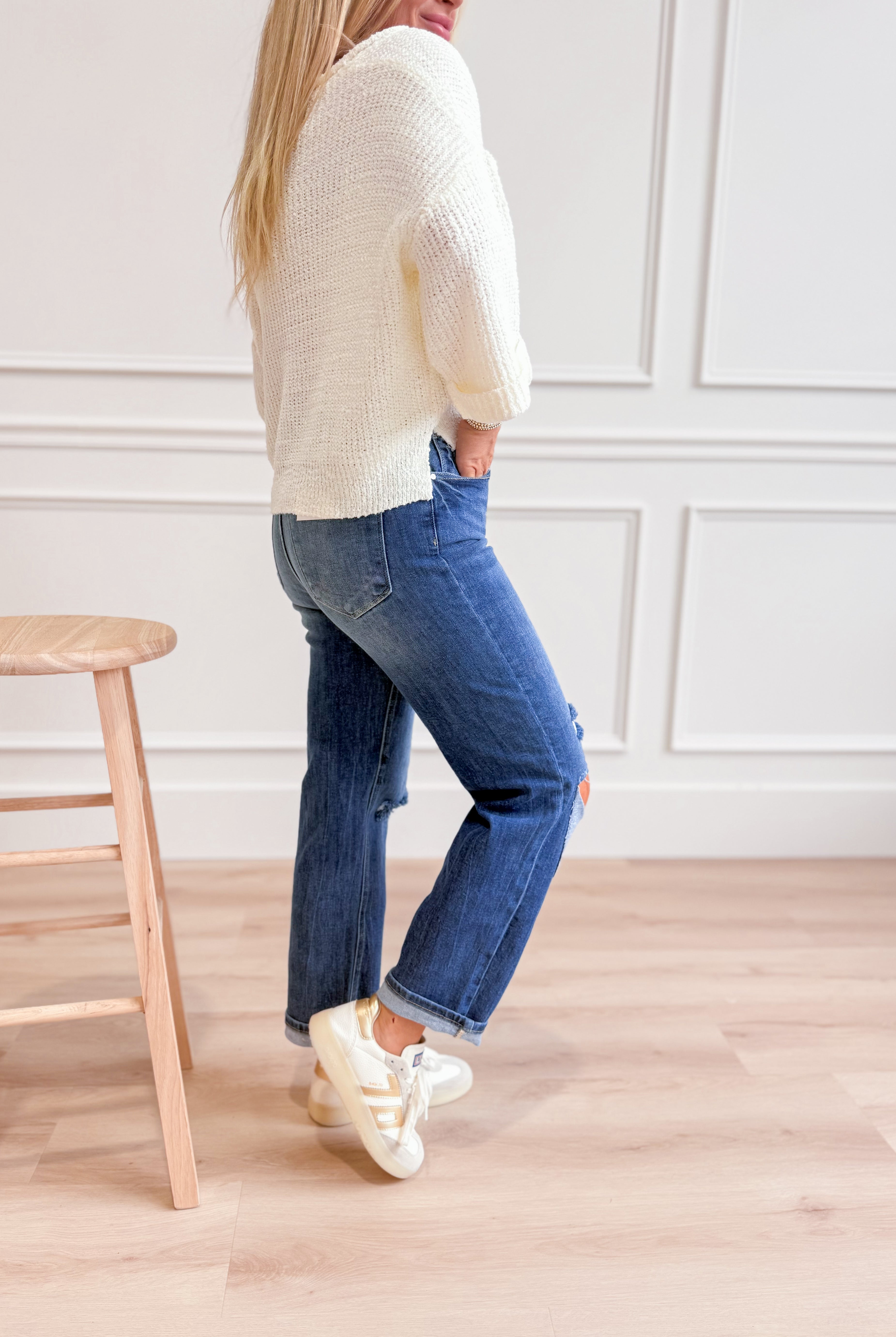 RISEN Kendra high rise distressed relaxed jeans, 146 core denim with faded details and frayed hems, casual fit for everyday wear.